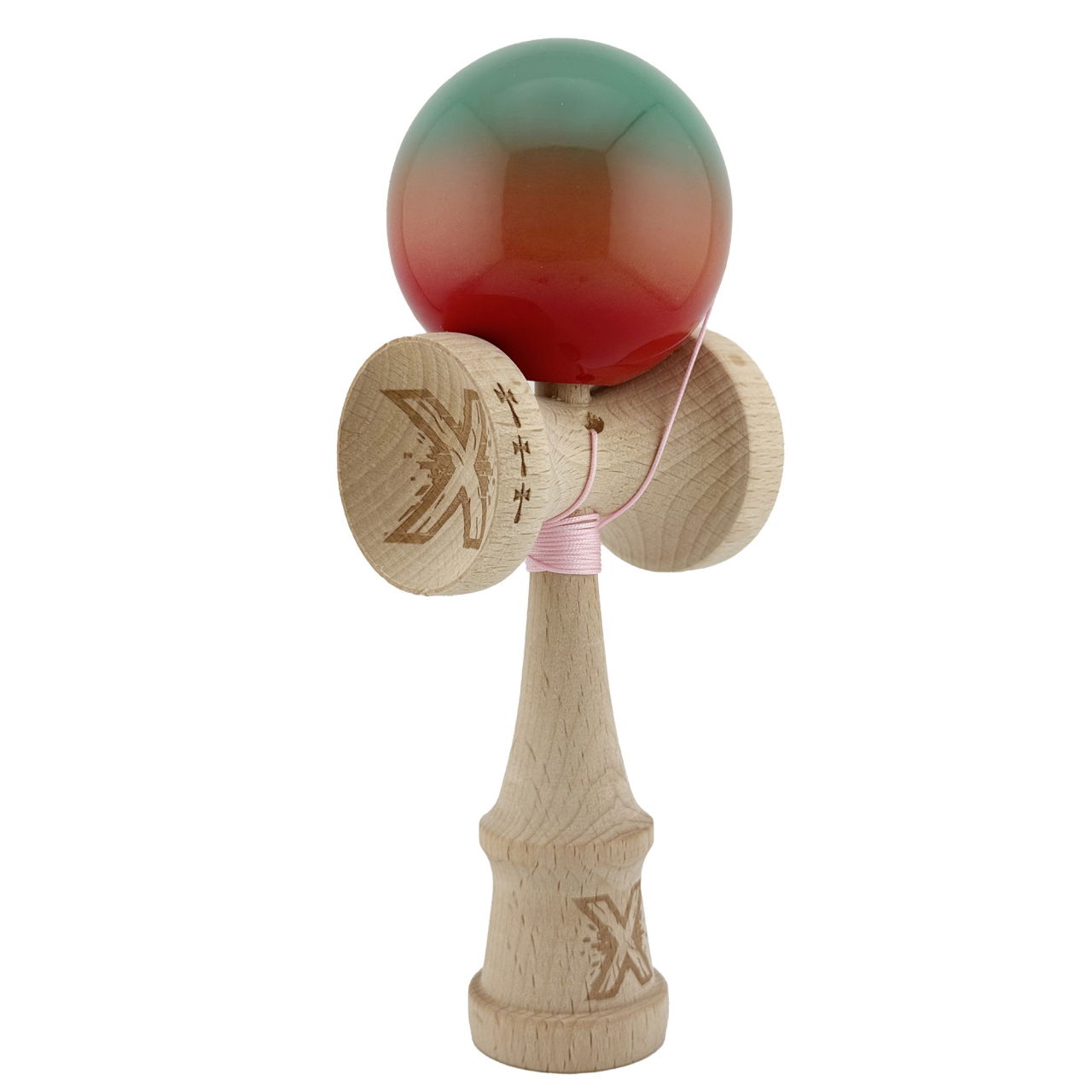 Kendama X Originala, Profesionala, Flippy, Big Cups V2, Super Sticky Cupe Mari, Rulment Metalic cu Ata 55 cm, Rosu/Verde [2]