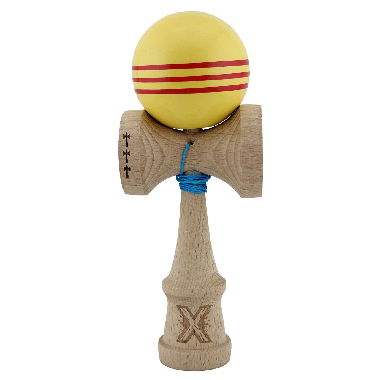 Kendama X Originala, Profesionala, Flippy, Big Cups V2, Super Sticky Legendary Cupe Mari, Rulment Metalic cu Ata 55 cm, Galben/Linii Rosii [1]