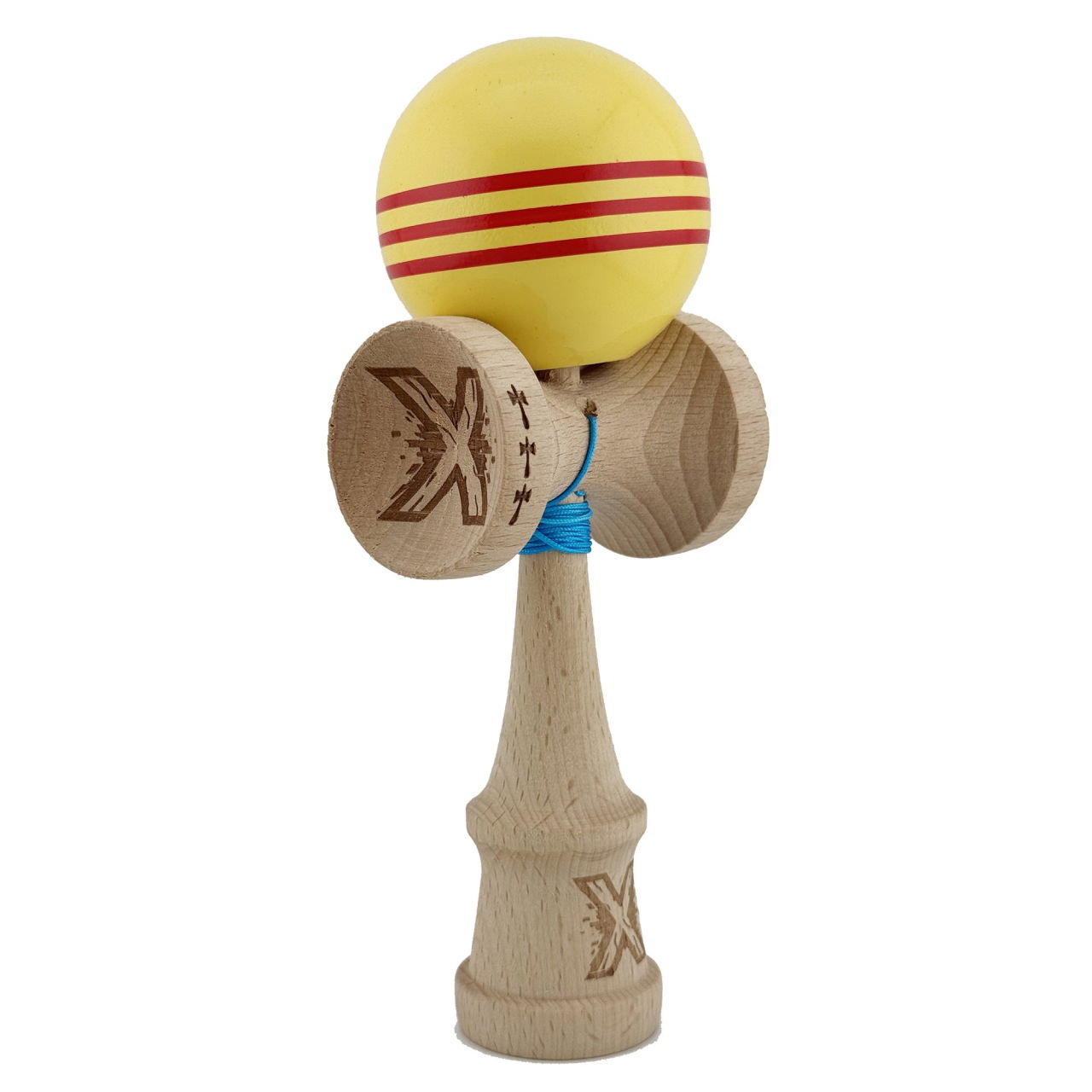 Kendama X Originala, Profesionala, Flippy, Big Cups V2, Super Sticky Legendary Cupe Mari, Rulment Metalic cu Ata 55 cm, Galben/Linii Rosii [9]