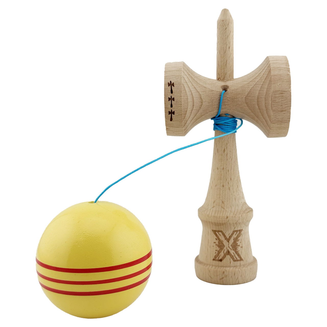 Kendama X Originala, Profesionala, Flippy, Big Cups V2, Super Sticky Legendary Cupe Mari, Rulment Metalic cu Ata 55 cm, Galben/Linii Rosii [3]