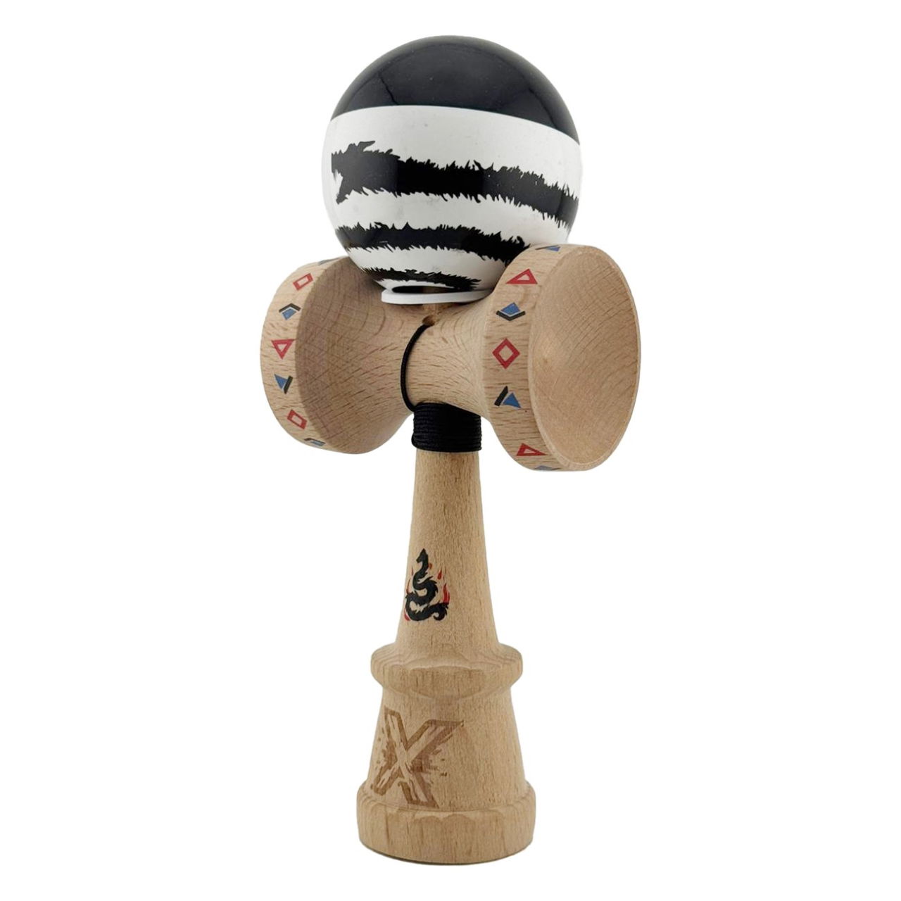 Kendama X Originala, Profesionala, Flippy, BLACK DRAGON, Super Sticky cu Cupe Mari KING SIZE V3, Gaura in Baza, Rulment Metalic, din lemn 18 cm, Ata 62/65 cm, Alb/Negru [3]