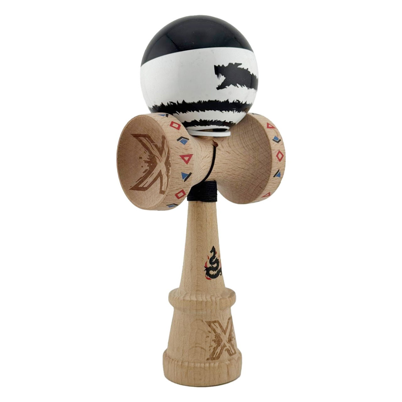 Kendama X Originala, Profesionala, Flippy, BLACK DRAGON, Super Sticky cu Cupe Mari KING SIZE V3, Gaura in Baza, Rulment Metalic, din lemn 18 cm, Ata 62/65 cm, Alb/Negru [1]