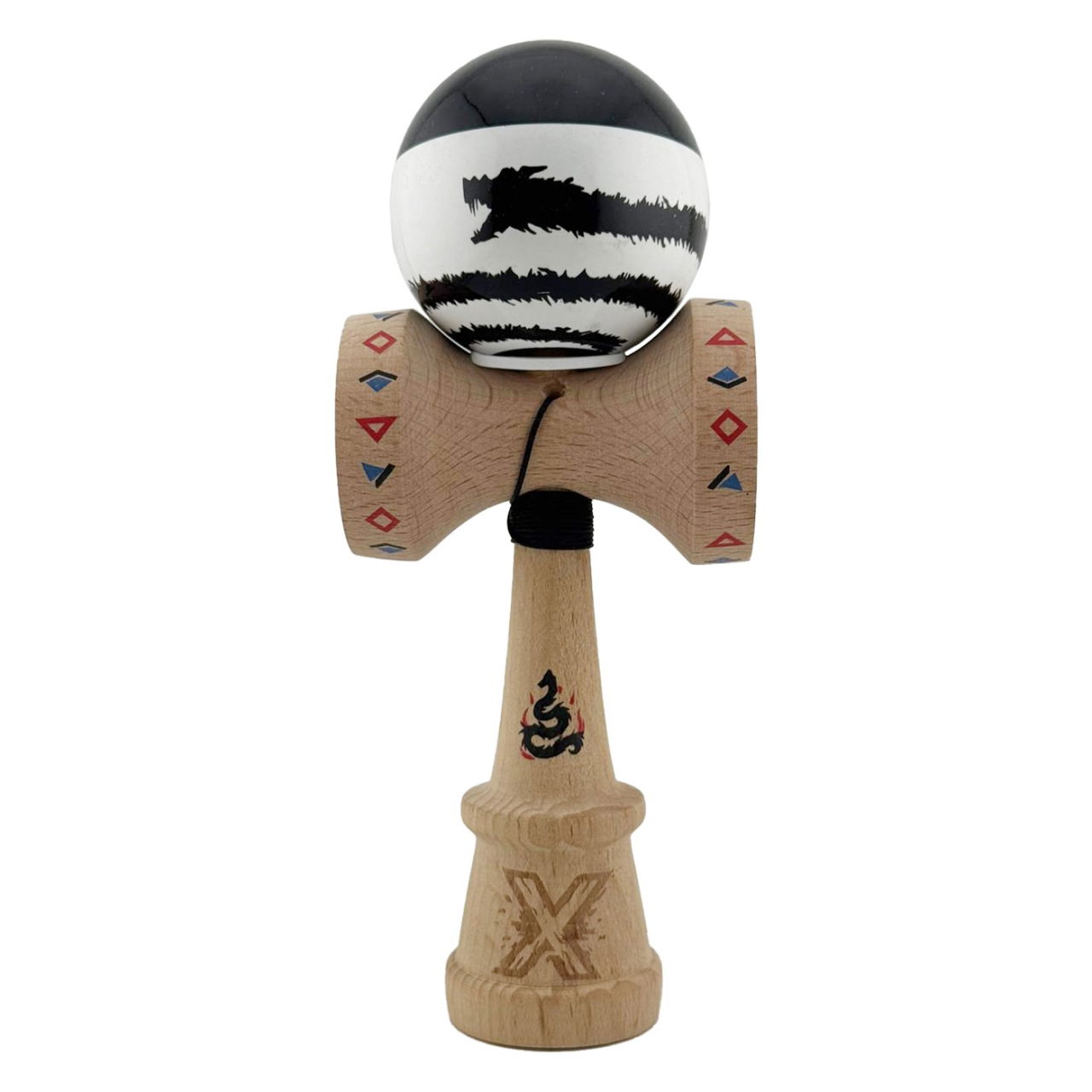 Kendama X Originala, Profesionala, Flippy, BLACK DRAGON, Super Sticky cu Cupe Mari KING SIZE V3, Gaura in Baza, Rulment Metalic, din lemn 18 cm, Ata 62/65 cm, Alb/Negru [2]