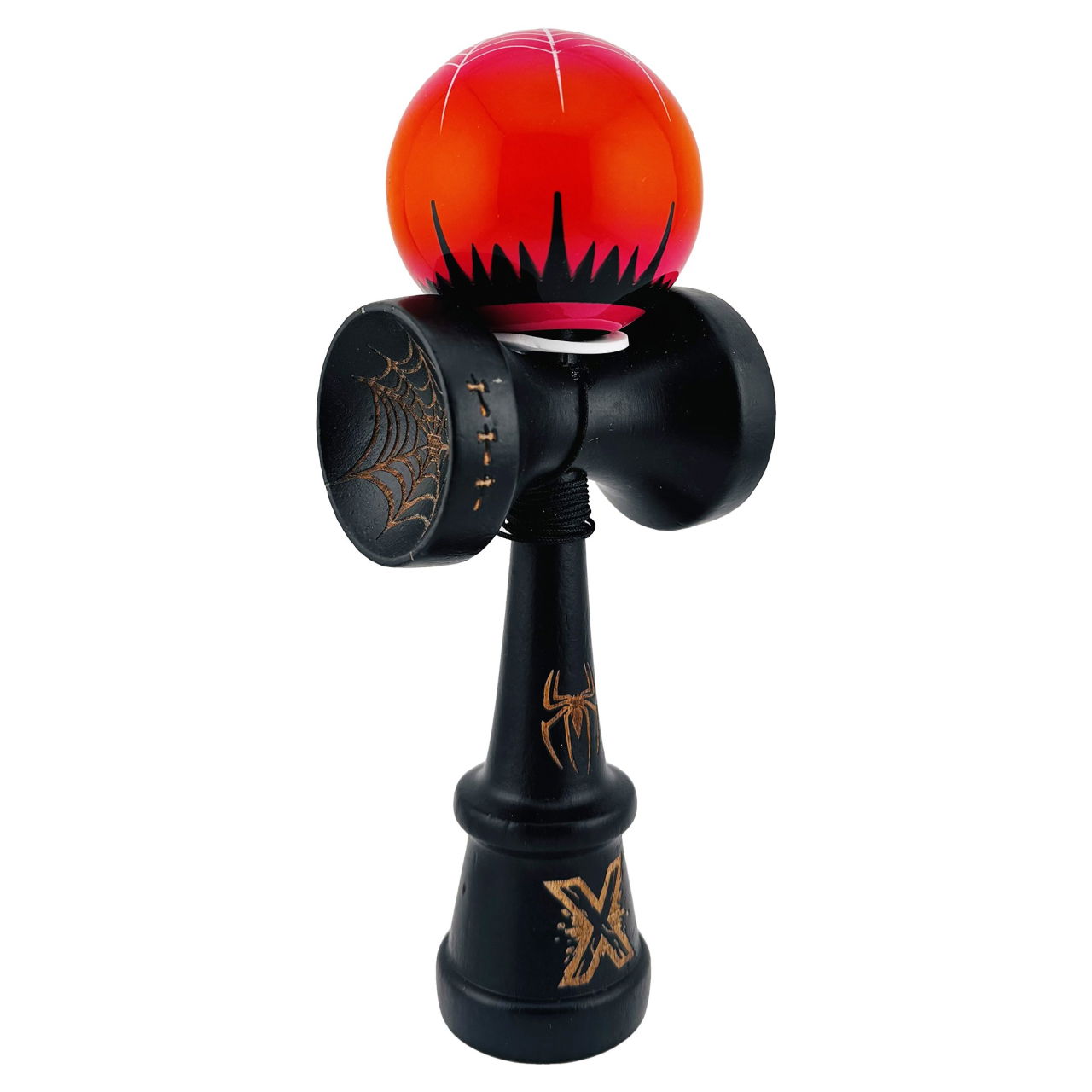 Kendama X Originala, Profesionala, Flippy, BLACK Spider King, Super Sticky cu Cupe Mari KING SIZE V3, Gaura in Baza, Rulment Metalic, din lemn 18 cm, Ata 62/65 cm, Rosu/Negru [1]