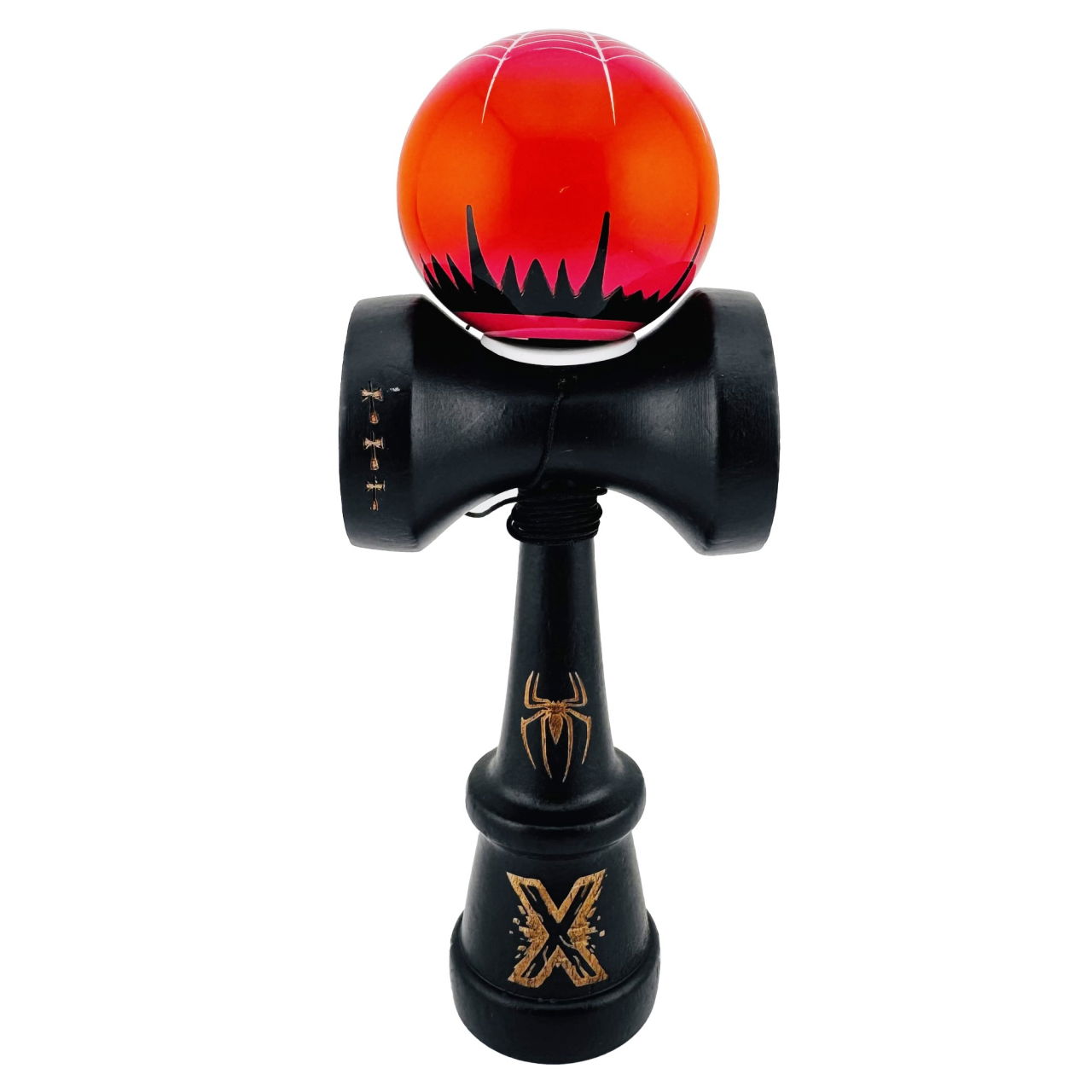 Kendama X Originala, Profesionala, Flippy, BLACK Spider King, Super Sticky cu Cupe Mari KING SIZE V3, Gaura in Baza, Rulment Metalic, din lemn 18 cm, Ata 62/65 cm, Rosu/Negru [2]