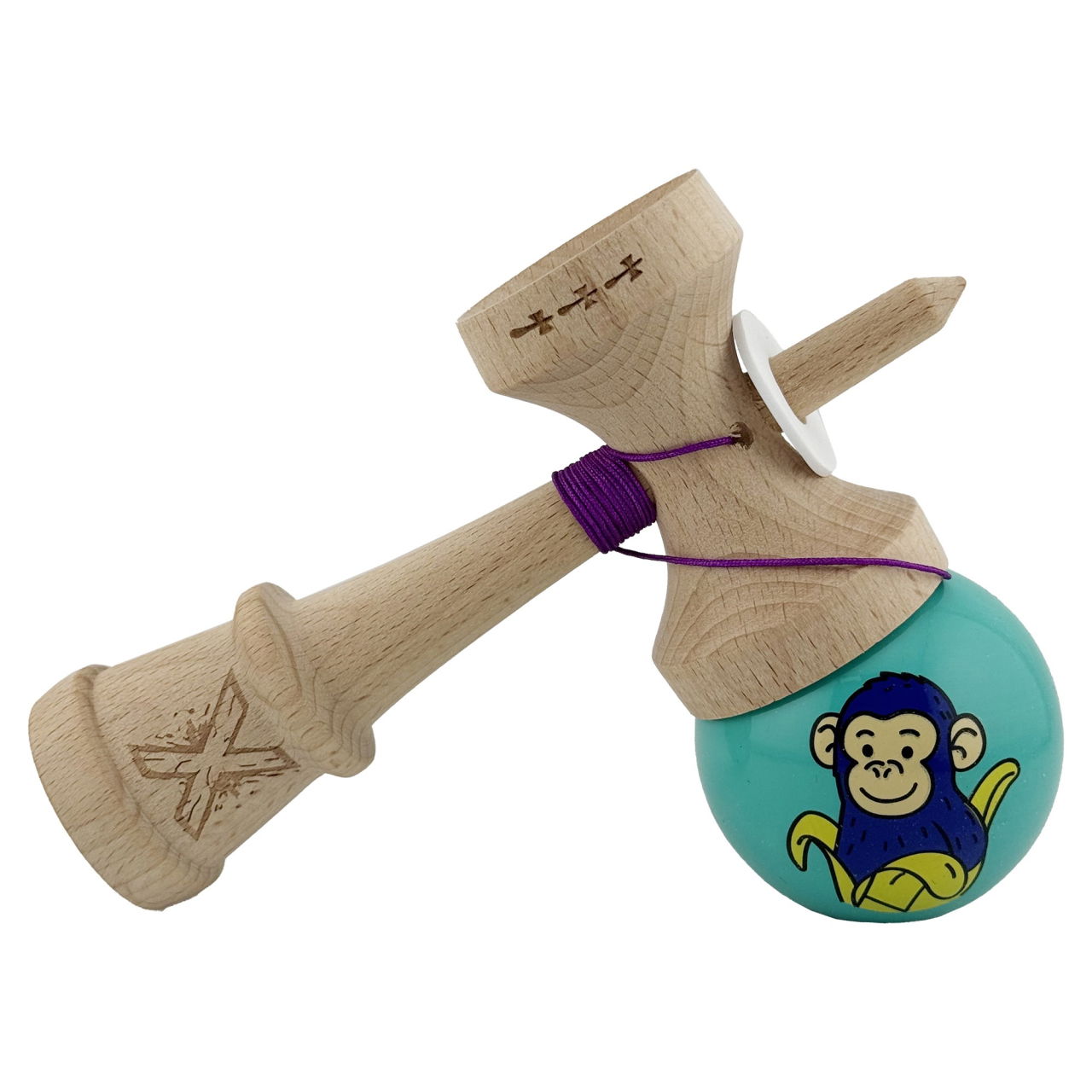 Kendama X Originala, Profesionala, Flippy, Blue Monkey, Super Sticky cu Cupe Mari King Size V3, Rulment Metalic si Gaura in Baza, din Lemn 18 cm, Ata 62/65 cm, Turcoaz [5]