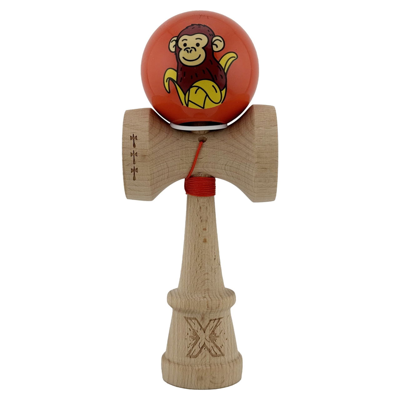Kendama X Originala, Profesionala, Flippy, Brown Monkey, Super Sticky cu Cupe Mari King Size V3, Rulment Metalic si Gaura in Baza, din Lemn 18 cm, Ata 62/65 cm, Rosu [2]