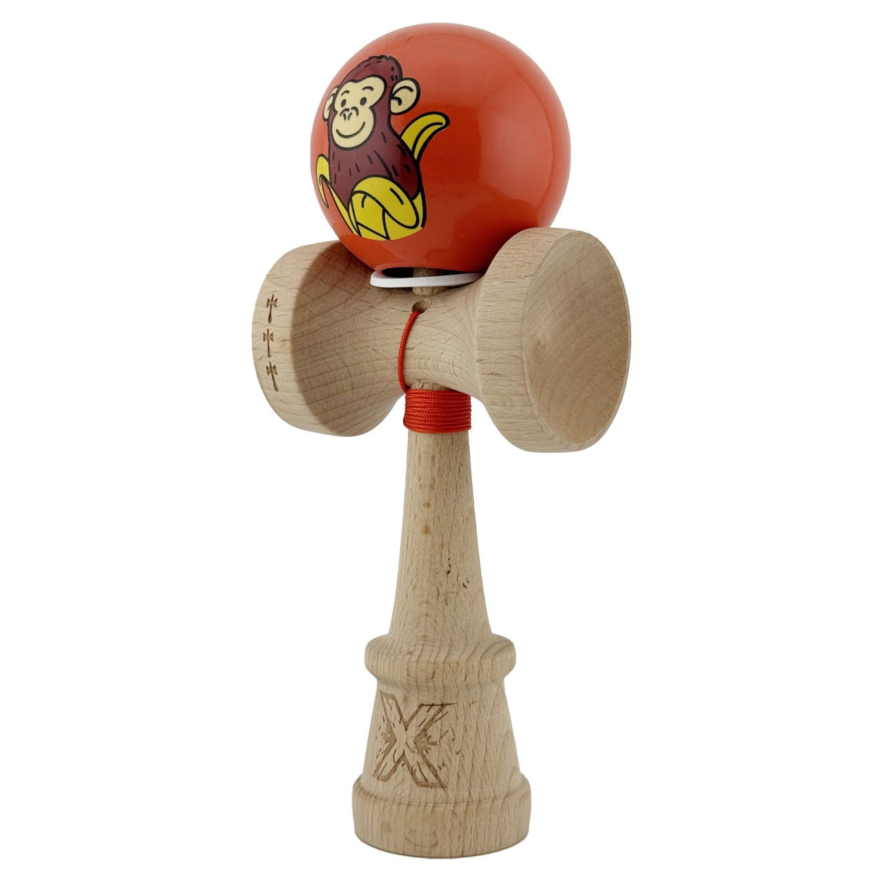 Kendama X Originala, Profesionala, Flippy, Brown Monkey, Super Sticky cu Cupe Mari King Size V3, Rulment Metalic si Gaura in Baza, din Lemn 18 cm, Ata 62/65 cm, Rosu [3]