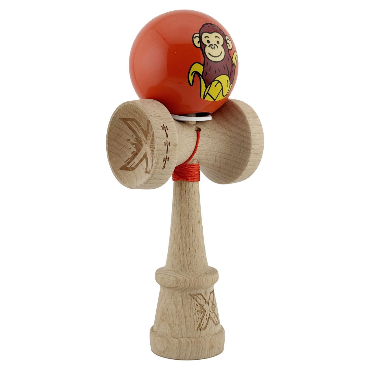 Kendama X Originala, Profesionala, Flippy, Brown Monkey, Super Sticky cu Cupe Mari King Size V3, Rulment Metalic si Gaura in Baza, din Lemn 18 cm, Ata 62/65 cm, Rosu [1]