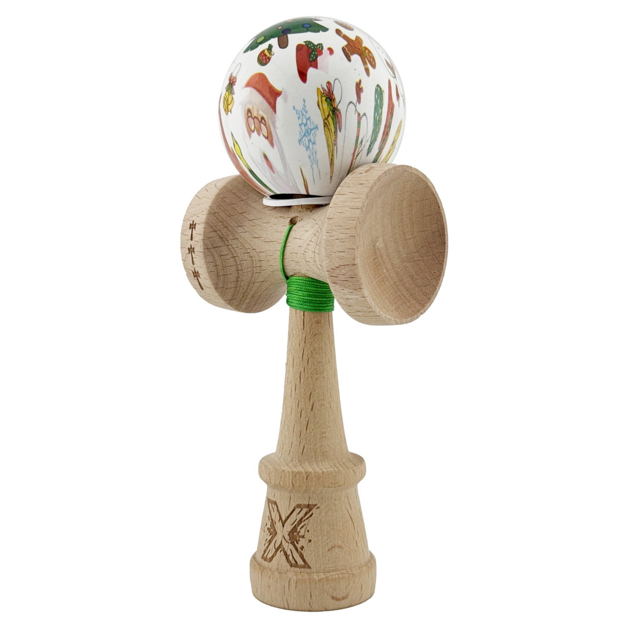 Kendama X Originala, Profesionala, Flippy, Christmas Edition, Super Sticky cu Cupe Mari KING SIZE V3, Rulment Metalic si Gaura in Baza, din Lemn 18 cm, Ata 62/65 cm, Alb Xmass Party [3]