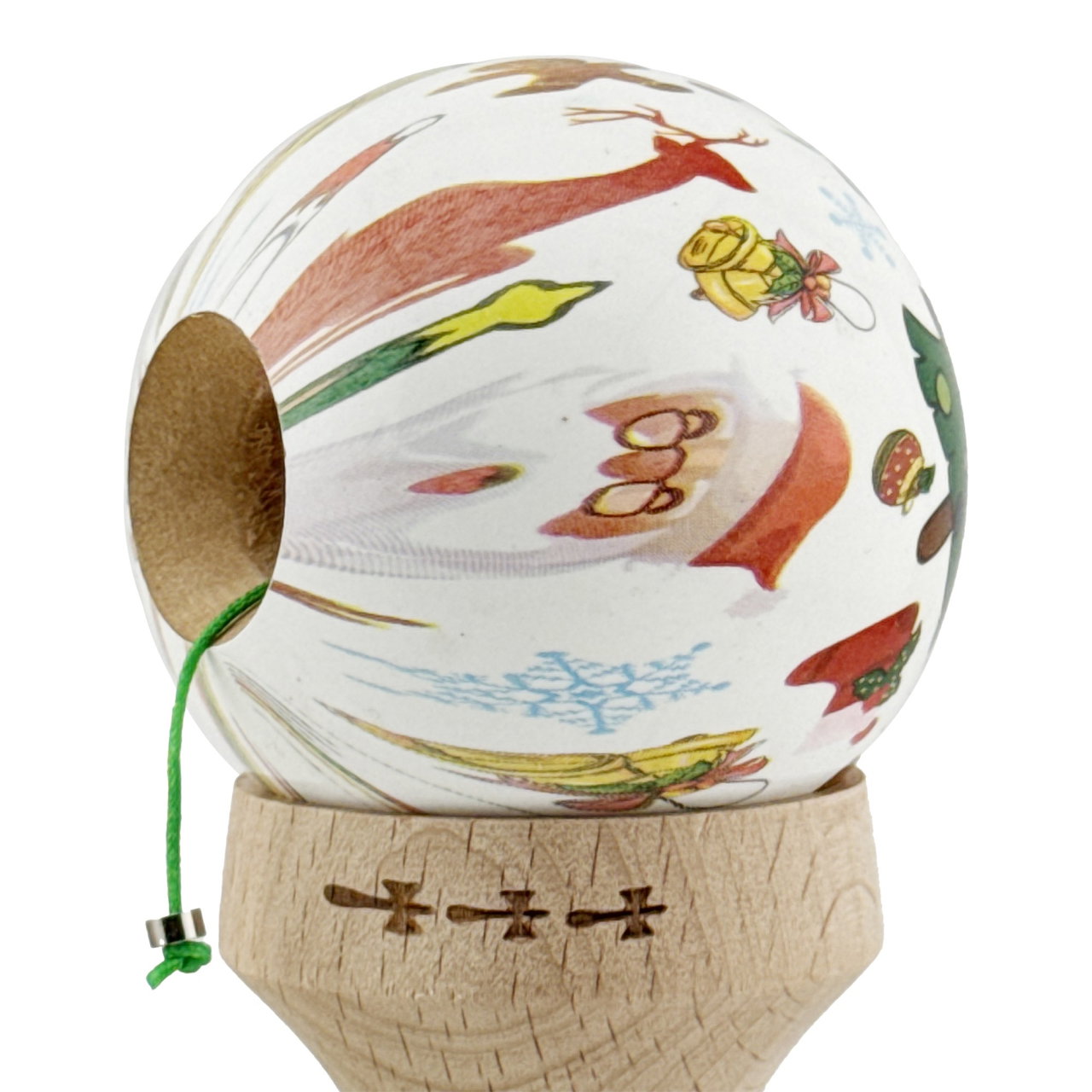 Kendama X Originala, Profesionala, Flippy, Christmas Edition, Super Sticky cu Cupe Mari KING SIZE V3, Rulment Metalic si Gaura in Baza, din Lemn 18 cm, Ata 62/65 cm, Alb Xmass Party [6]