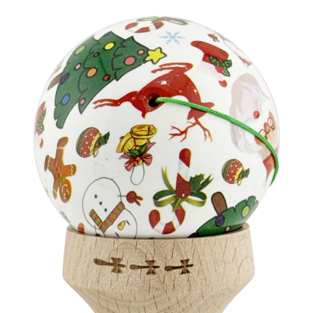 Kendama X Originala, Profesionala, Flippy, Christmas Edition, Super Sticky cu Cupe Mari KING SIZE V3, Rulment Metalic si Gaura in Baza, din Lemn 18 cm, Ata 62/65 cm, Alb Xmass Party [9]