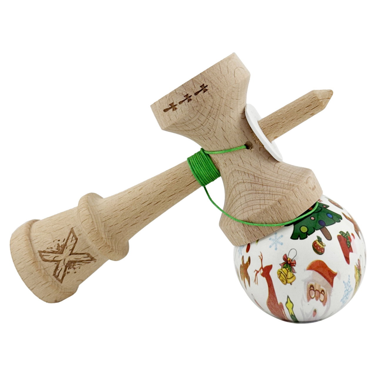 Kendama X Originala, Profesionala, Flippy, Christmas Edition, Super Sticky cu Cupe Mari KING SIZE V3, Rulment Metalic si Gaura in Baza, din Lemn 18 cm, Ata 62/65 cm, Alb Xmass Party [10]