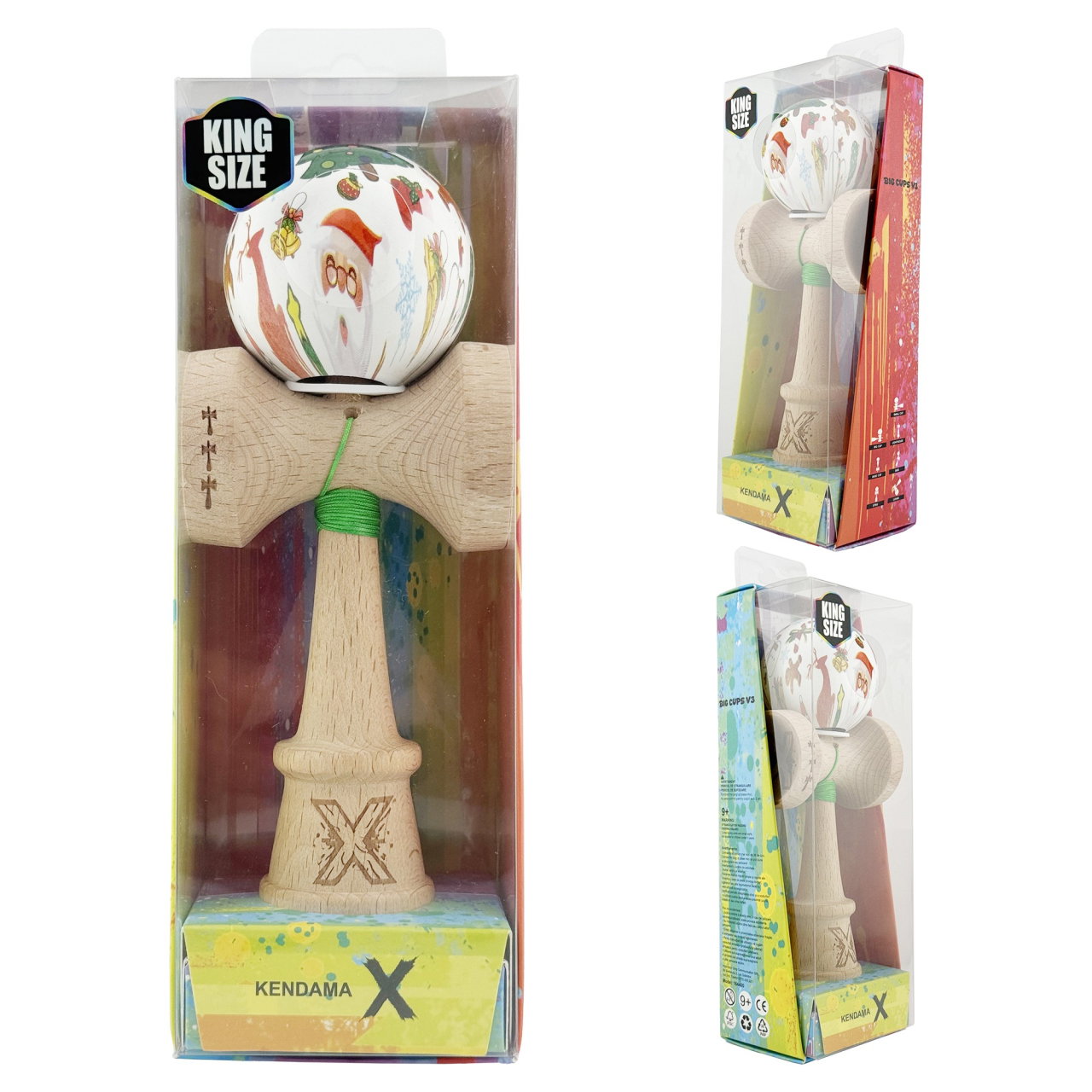 Kendama X Originala, Profesionala, Flippy, Christmas Edition, Super Sticky cu Cupe Mari KING SIZE V3, Rulment Metalic si Gaura in Baza, din Lemn 18 cm, Ata 62/65 cm, Alb Xmass Party [5]