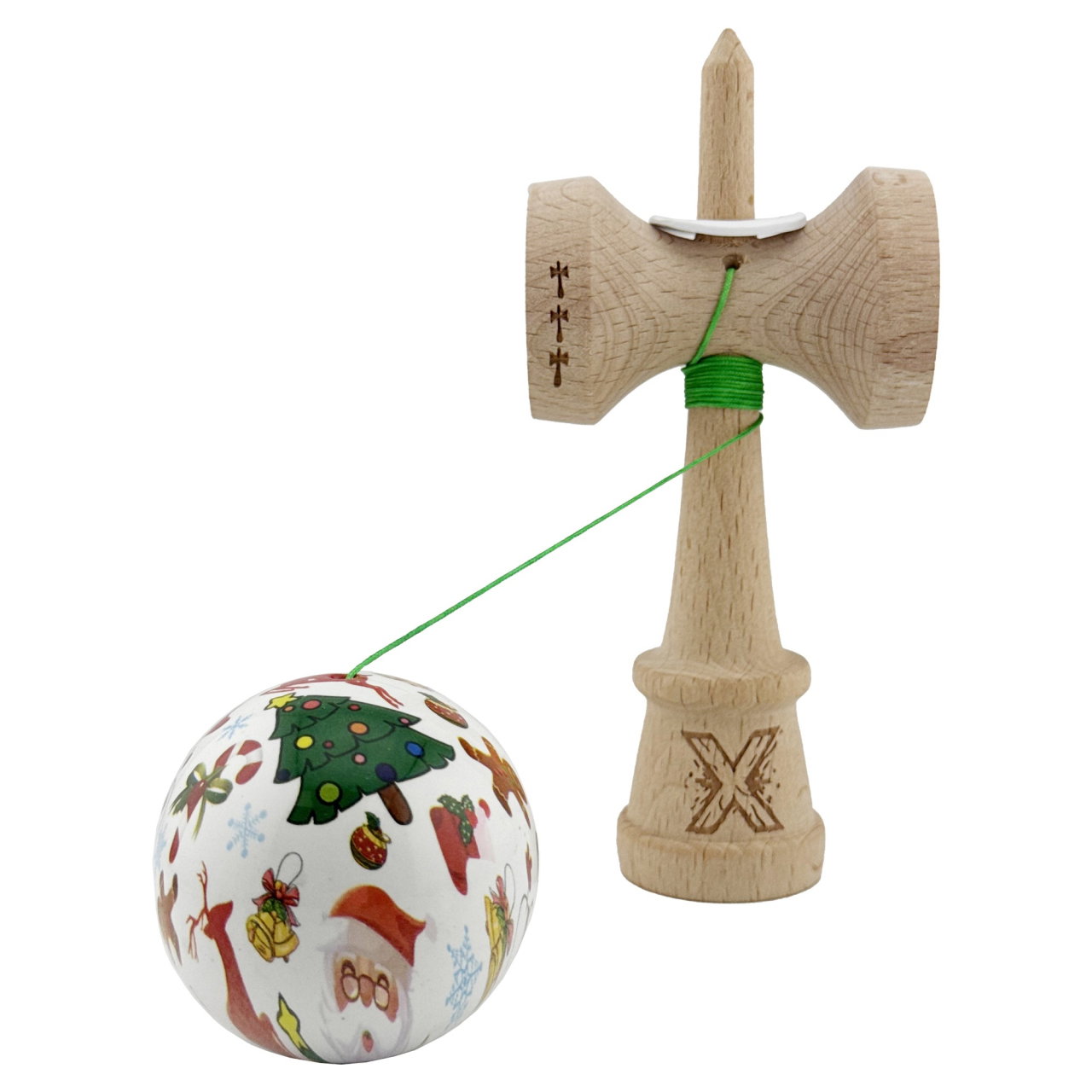 Kendama X Originala, Profesionala, Flippy, Christmas Edition, Super Sticky cu Cupe Mari KING SIZE V3, Rulment Metalic si Gaura in Baza, din Lemn 18 cm, Ata 62/65 cm, Alb Xmass Party [4]