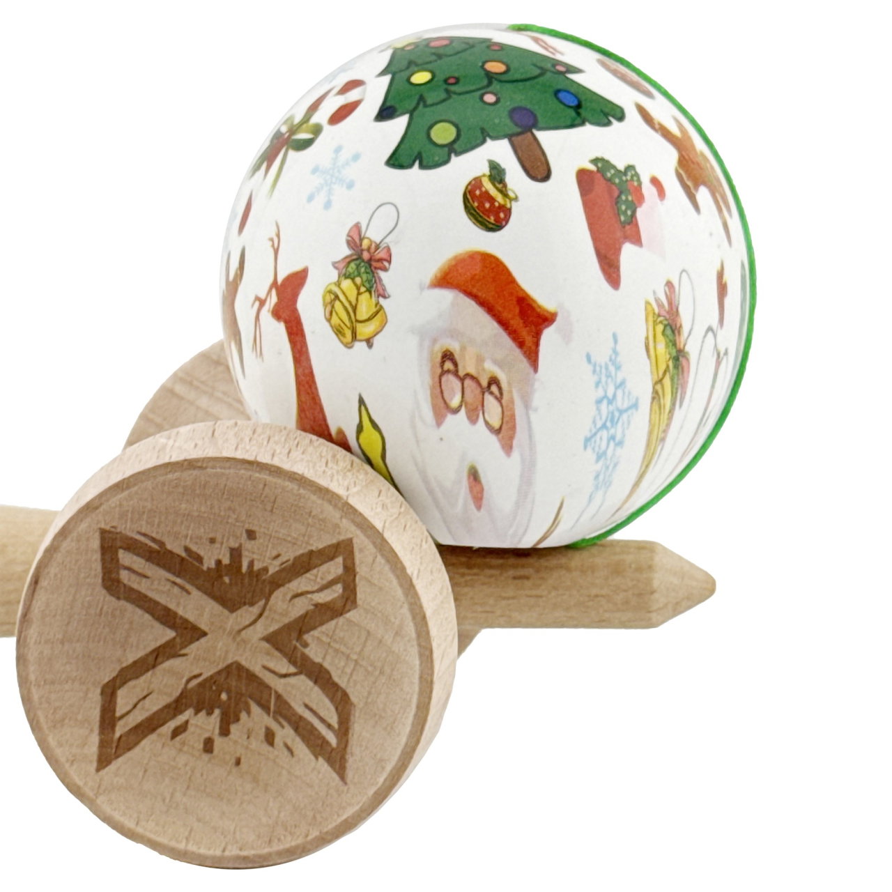 Kendama X Originala, Profesionala, Flippy, Christmas Edition, Super Sticky cu Cupe Mari KING SIZE V3, Rulment Metalic si Gaura in Baza, din Lemn 18 cm, Ata 62/65 cm, Alb Xmass Party [8]