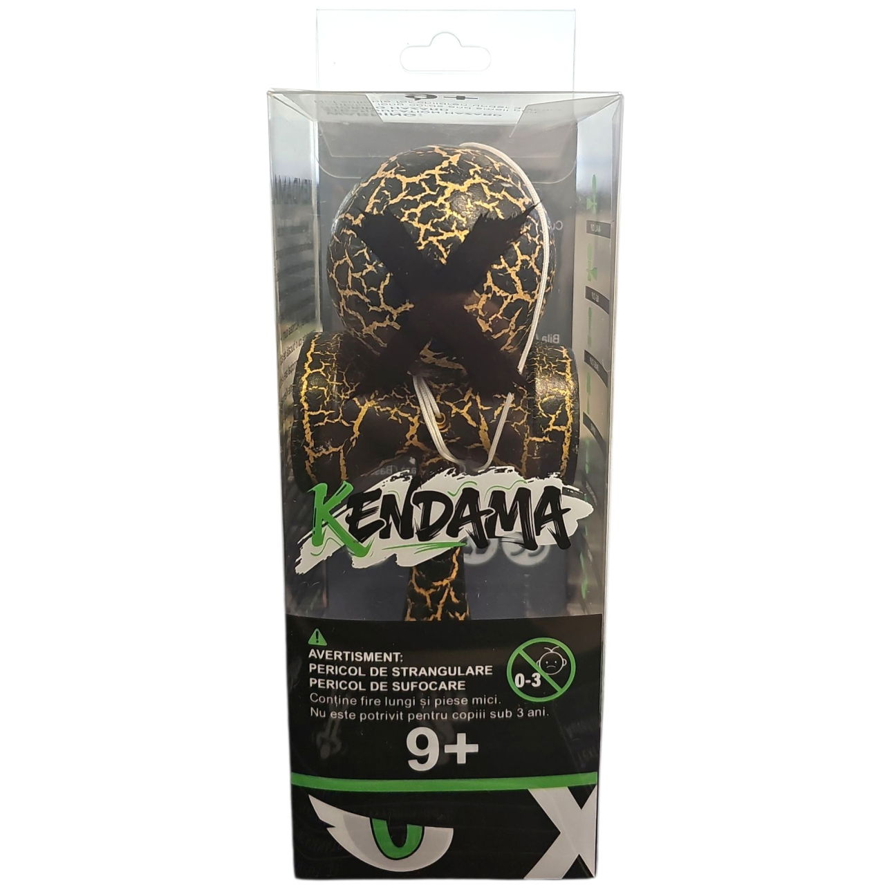 Kendama X Originala, Profesionala, Flippy, Cracked, din Lemn, 18 cm, Negru/Auriu [4]