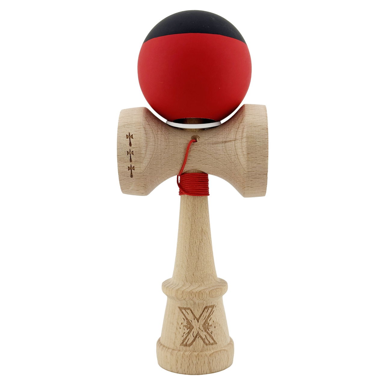 Kendama X Originala, Profesionala, Flippy, Cupe Mari KING SIZE V3, Rubber Grip, Gaura in Baza, Rulment Metalic, din lemn 18 cm, Ata 62/65 cm, Bicolor Negru/Rosu [2]