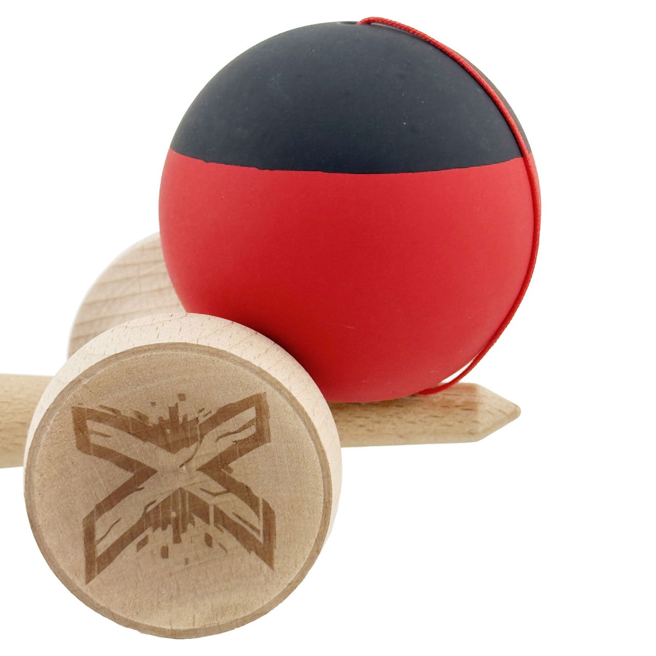 Kendama X Originala, Profesionala, Flippy, Cupe Mari KING SIZE V3, Rubber Grip, Gaura in Baza, Rulment Metalic, din lemn 18 cm, Ata 62/65 cm, Bicolor Negru/Rosu [8]