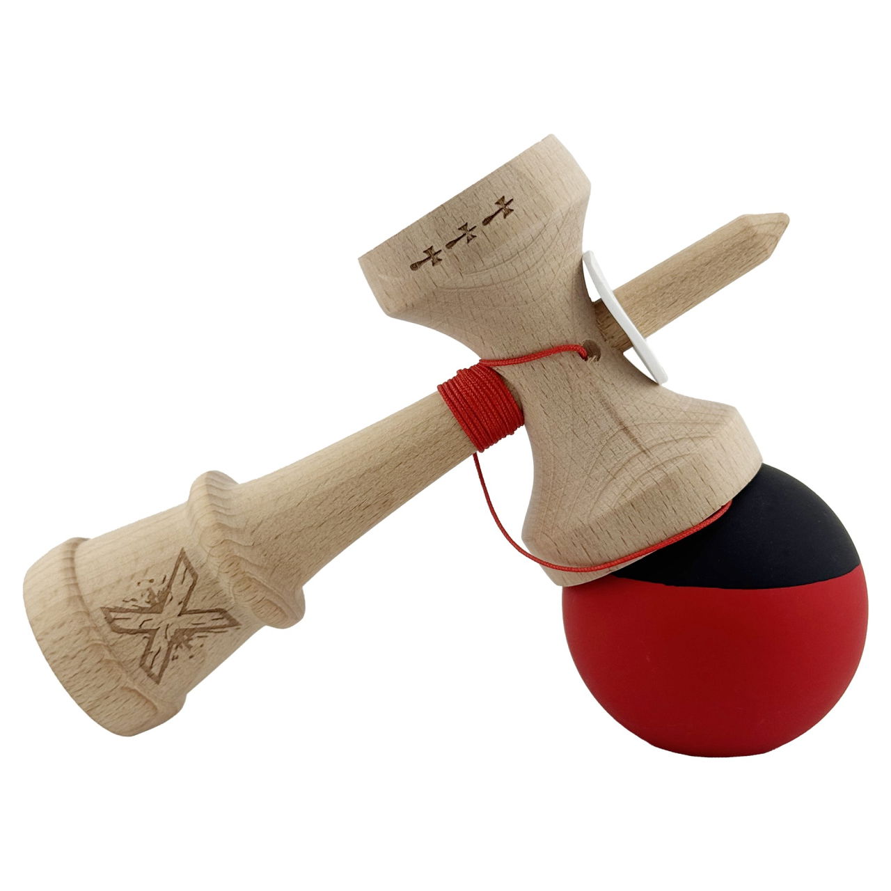Kendama X Originala, Profesionala, Flippy, Cupe Mari KING SIZE V3, Rubber Grip, Gaura in Baza, Rulment Metalic, din lemn 18 cm, Ata 62/65 cm, Bicolor Negru/Rosu [5]