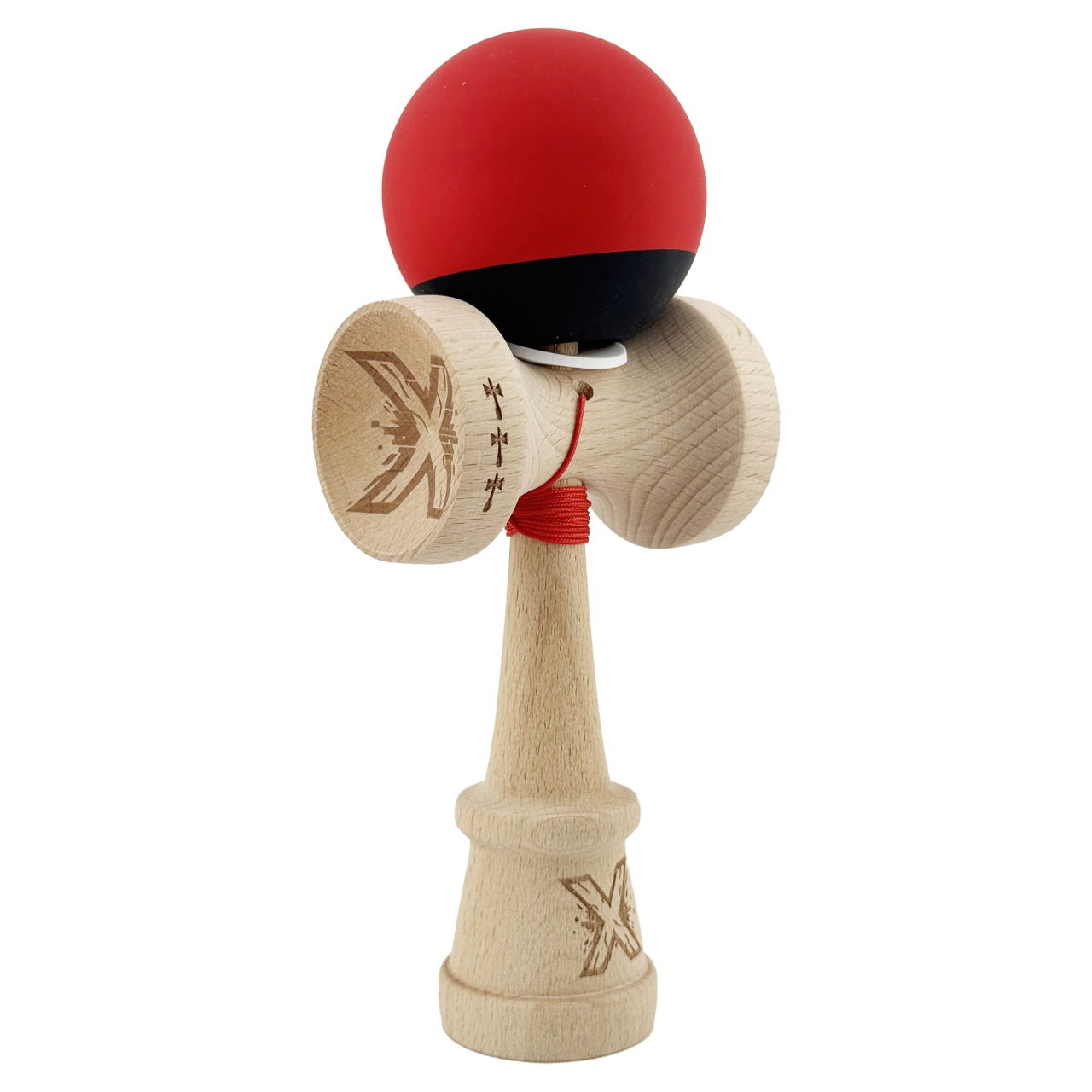 Kendama X Originala, Profesionala, Flippy, Cupe Mari KING SIZE V3, Rubber Grip, Gaura in Baza, Rulment Metalic, din lemn 18 cm, Ata 62/65 cm, Bicolor Rosu/Negru [1]