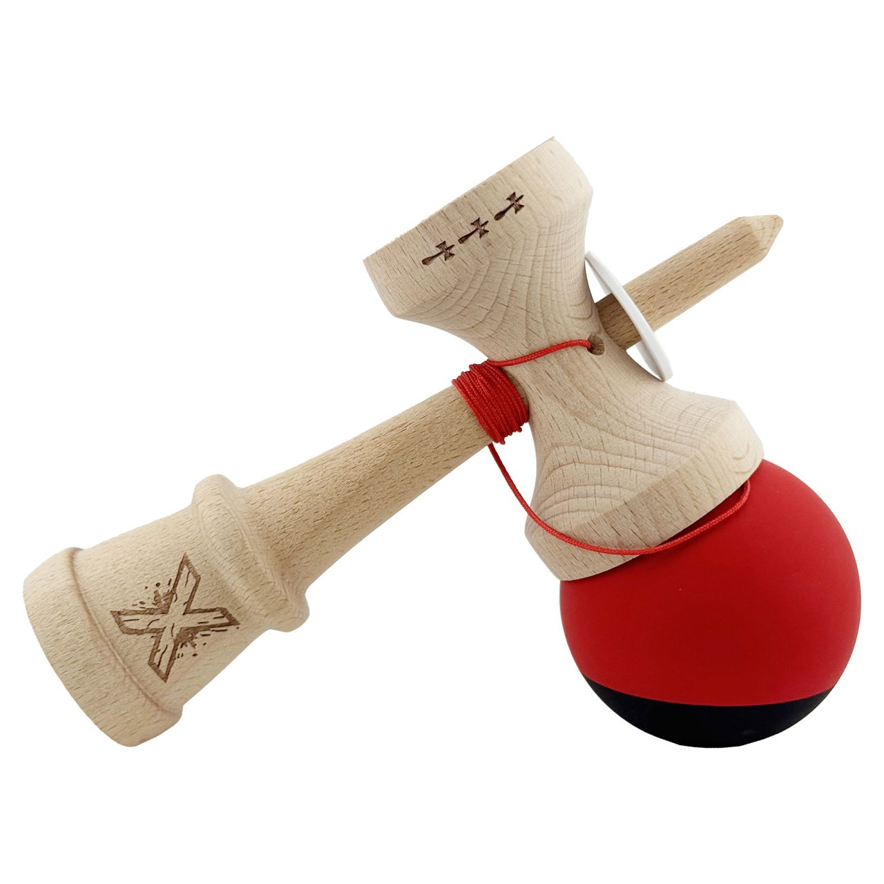 Kendama X Originala, Profesionala, Flippy, Cupe Mari KING SIZE V3, Rubber Grip, Gaura in Baza, Rulment Metalic, din lemn 18 cm, Ata 62/65 cm, Bicolor Rosu/Negru [5]