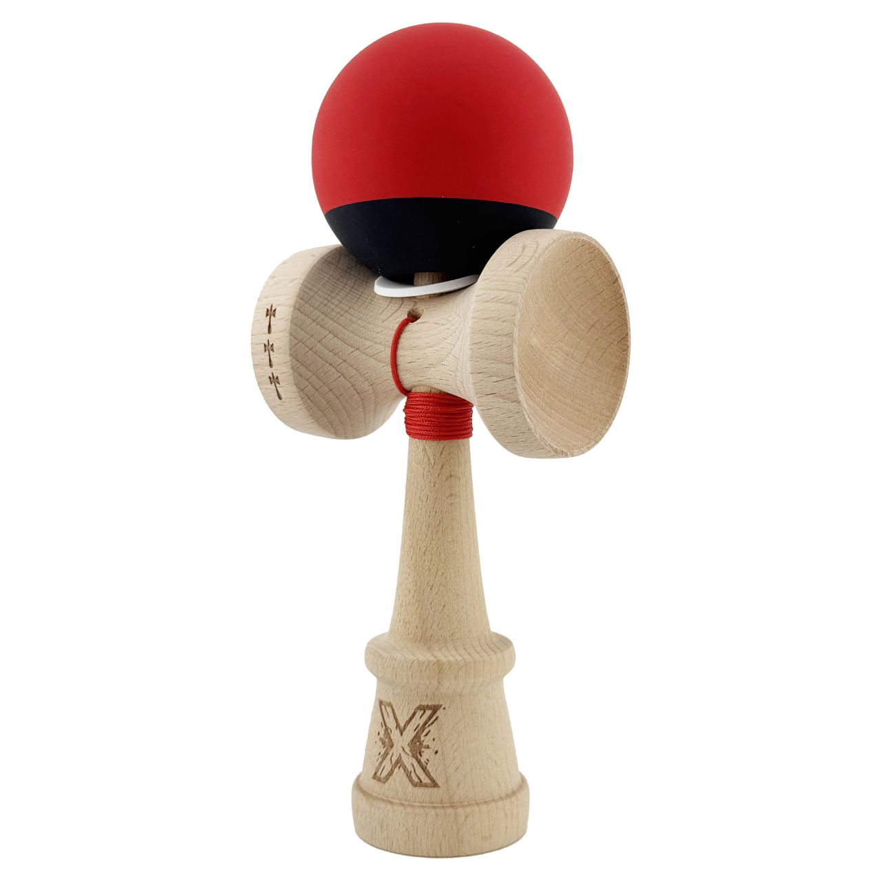 Kendama X Originala, Profesionala, Flippy, Cupe Mari KING SIZE V3, Rubber Grip, Gaura in Baza, Rulment Metalic, din lemn 18 cm, Ata 62/65 cm, Bicolor Rosu/Negru [3]