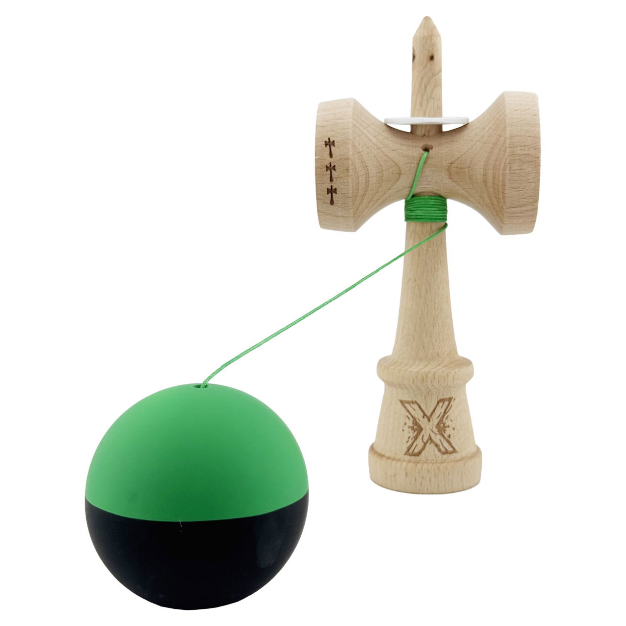 Kendama X Originala, Profesionala, Flippy, Cupe Mari KING SIZE V3, Rubber Grip, Gaura in Baza, Rulment Metalic, din lemn 18 cm, Ata 62/65 cm, Bicolor Verde/Negru [4]