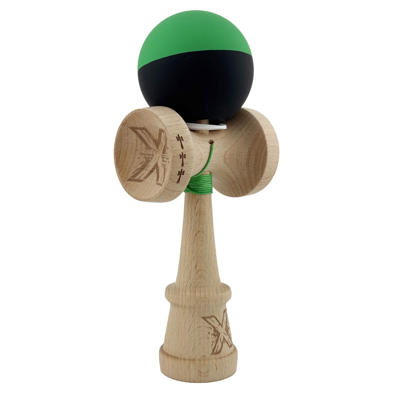 Kendama X Originala, Profesionala, Flippy, Cupe Mari KING SIZE V3, Rubber Grip, Gaura in Baza, Rulment Metalic, din lemn 18 cm, Ata 62/65 cm, Bicolor Verde/Negru [1]