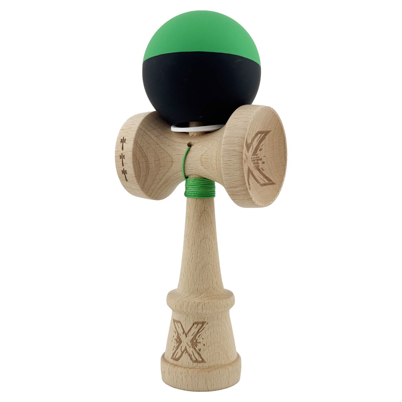 Kendama X Originala, Profesionala, Flippy, Cupe Mari KING SIZE V3, Rubber Grip, Gaura in Baza, Rulment Metalic, din lemn 18 cm, Ata 62/65 cm, Bicolor Verde/Negru [3]