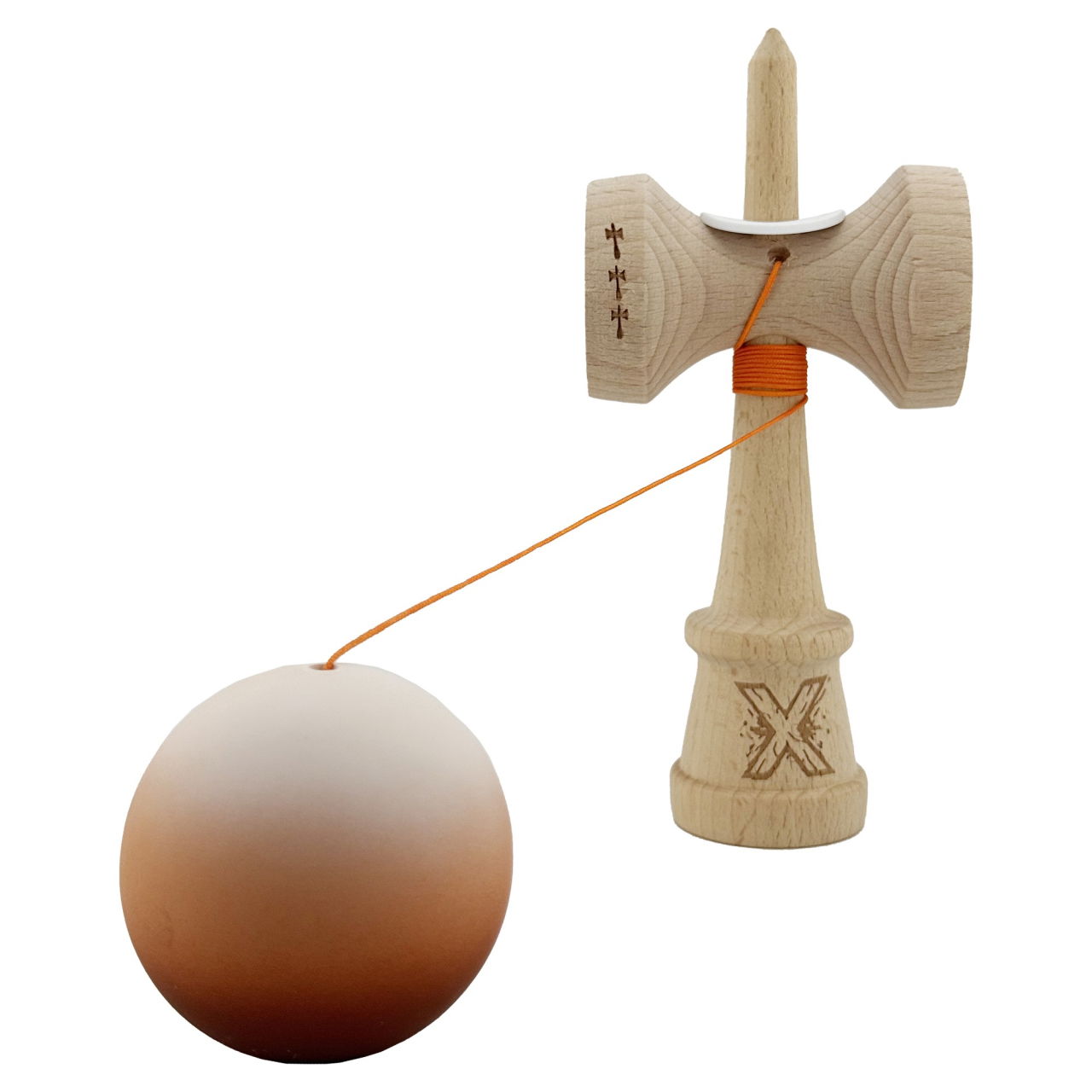 Kendama X Originala, Profesionala, Flippy, Cupe Mari KING SIZE V3, Rubber Grip, Gaura in Baza, Rulment Metalic, din lemn 18 cm, Ata 62/65 cm, Gradient Alb/Maro [4]
