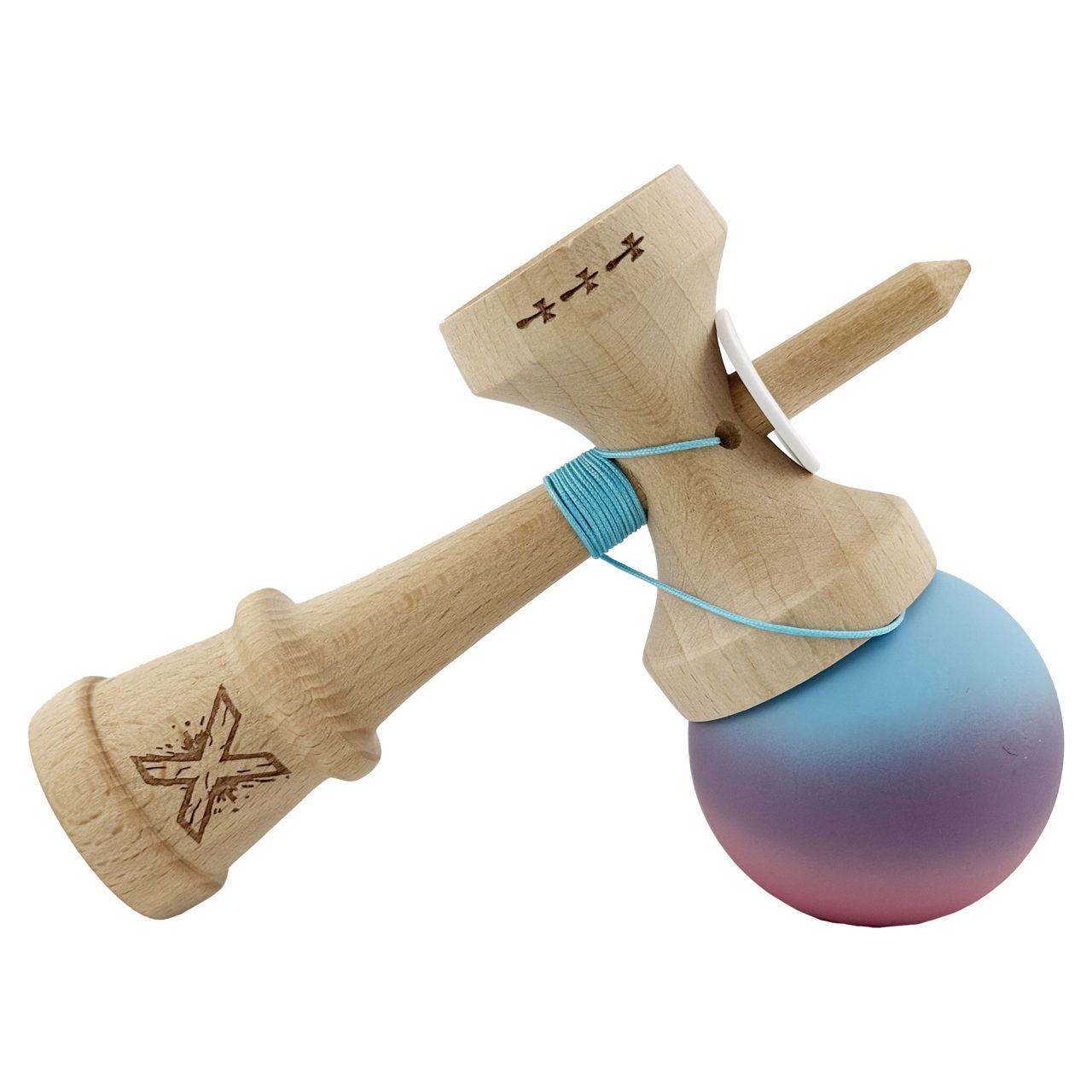 Kendama X Originala, Profesionala, Flippy, Cupe Mari KING SIZE V3, Rubber Grip, Gaura in Baza, Rulment Metalic, din lemn 18 cm, Ata 62/65 cm, Gradient Albastru deschis/Mov/Roz [5]