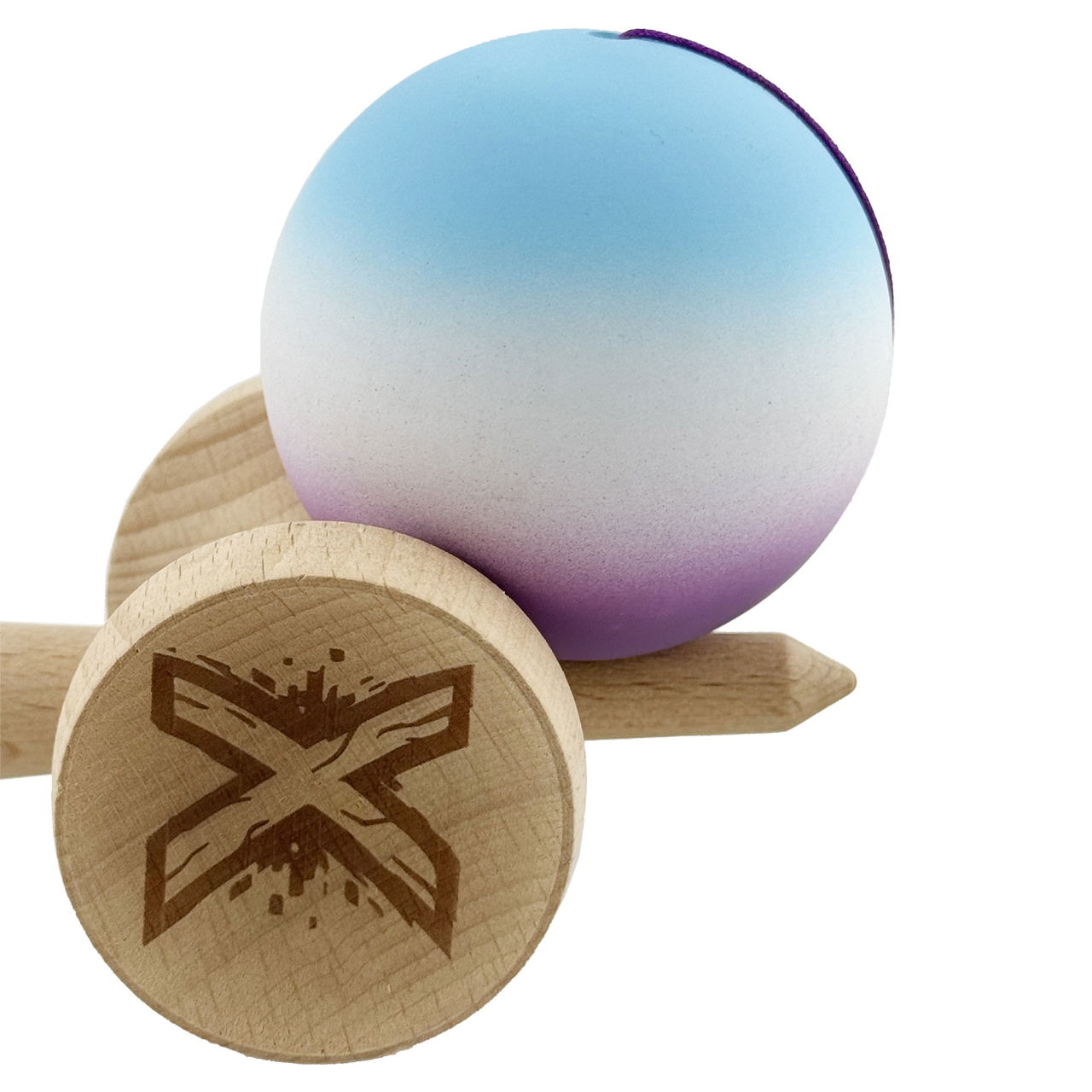 Kendama X Originala, Profesionala, Flippy, Cupe Mari KING SIZE V3, Rubber Grip, Gaura in Baza, Rulment Metalic, din lemn 18 cm, Ata 62/65 cm, Gradient Albastru deschis/Alb/Mov [8]