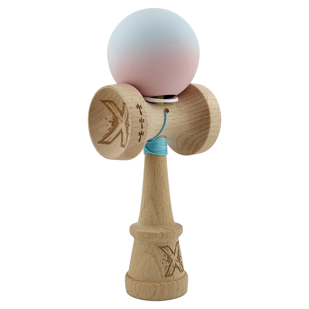 Kendama X Originala, Profesionala, Flippy, Cupe Mari KING SIZE V3, Rubber Grip, Gaura in Baza, Rulment Metalic, din lemn 18 cm, Ata 62/65 cm, Gradient Albastru deschis/Roz [1]
