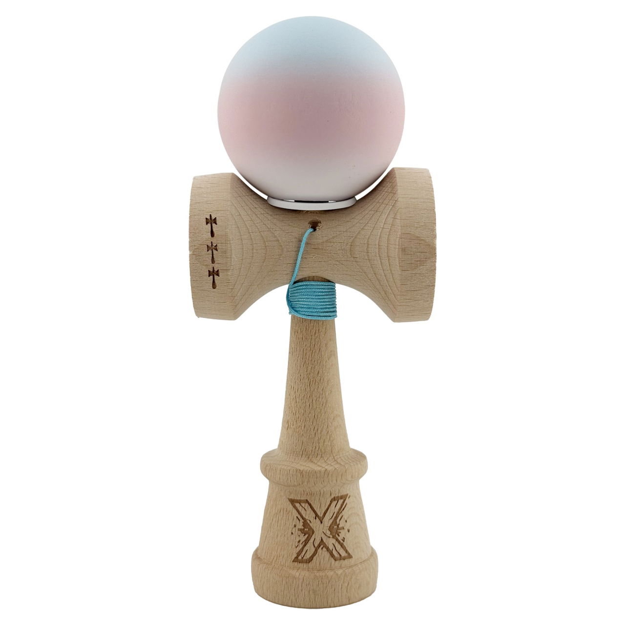 Kendama X Originala, Profesionala, Flippy, Cupe Mari KING SIZE V3, Rubber Grip, Gaura in Baza, Rulment Metalic, din lemn 18 cm, Ata 62/65 cm, Gradient Albastru deschis/Roz/Alb [2]