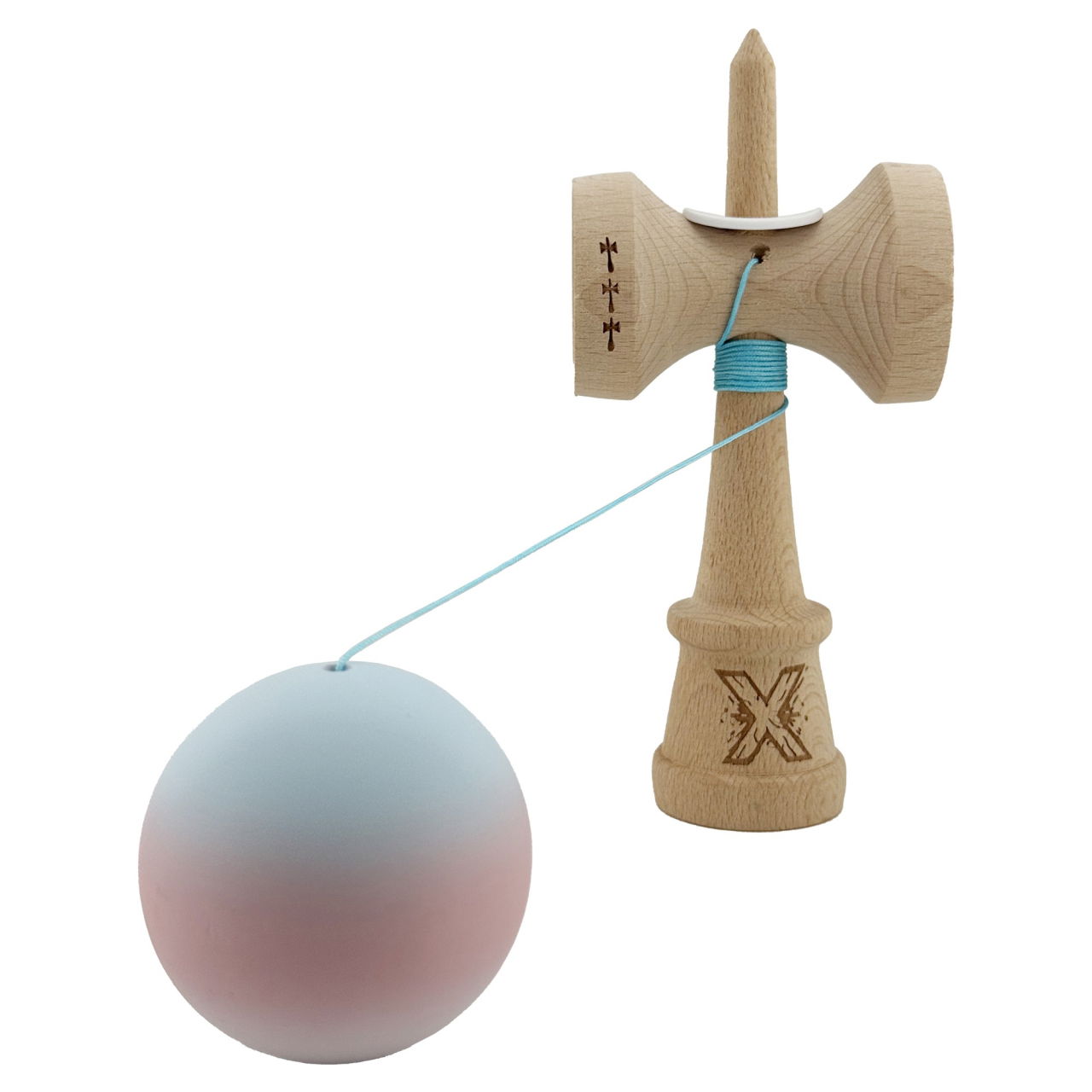Kendama X Originala, Profesionala, Flippy, Cupe Mari KING SIZE V3, Rubber Grip, Gaura in Baza, Rulment Metalic, din lemn 18 cm, Ata 62/65 cm, Gradient Albastru deschis/Roz/Alb [4]