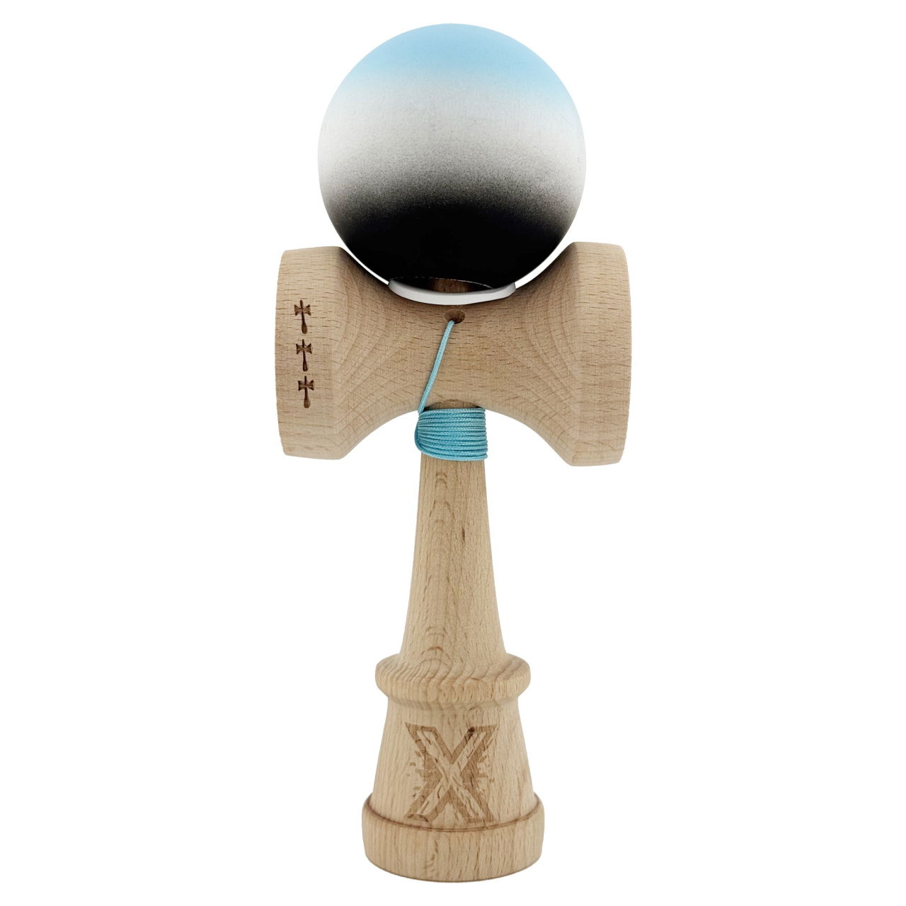 Kendama X Originala, Profesionala, Flippy, Cupe Mari KING SIZE V3, Rubber Grip, Gaura in Baza, Rulment Metalic, din lemn 18 cm, Ata 62/65 cm, Gradient Albastru deschis/Alb/Negru [2]