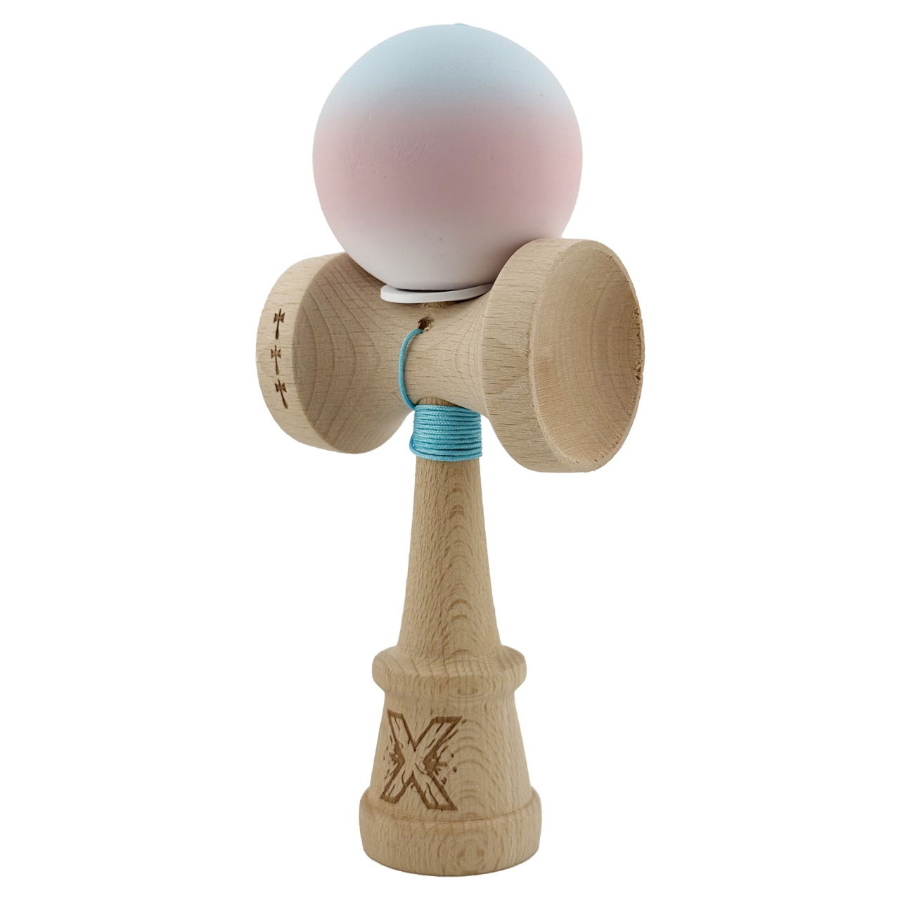 Kendama X Originala, Profesionala, Flippy, Cupe Mari KING SIZE V3, Rubber Grip, Gaura in Baza, Rulment Metalic, din lemn 18 cm, Ata 62/65 cm, Gradient Albastru deschis/Roz/Alb [3]