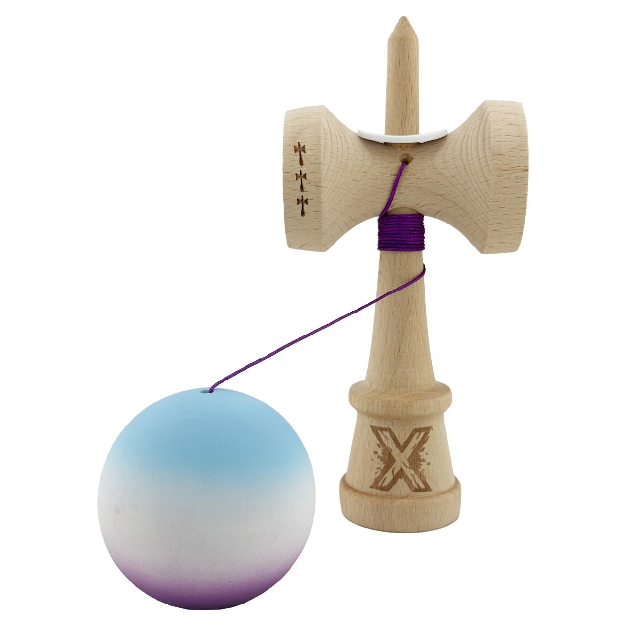 Kendama X Originala, Profesionala, Flippy, Cupe Mari KING SIZE V3, Rubber Grip, Gaura in Baza, Rulment Metalic, din lemn 18 cm, Ata 62/65 cm, Gradient Albastru deschis/Alb/Mov [4]