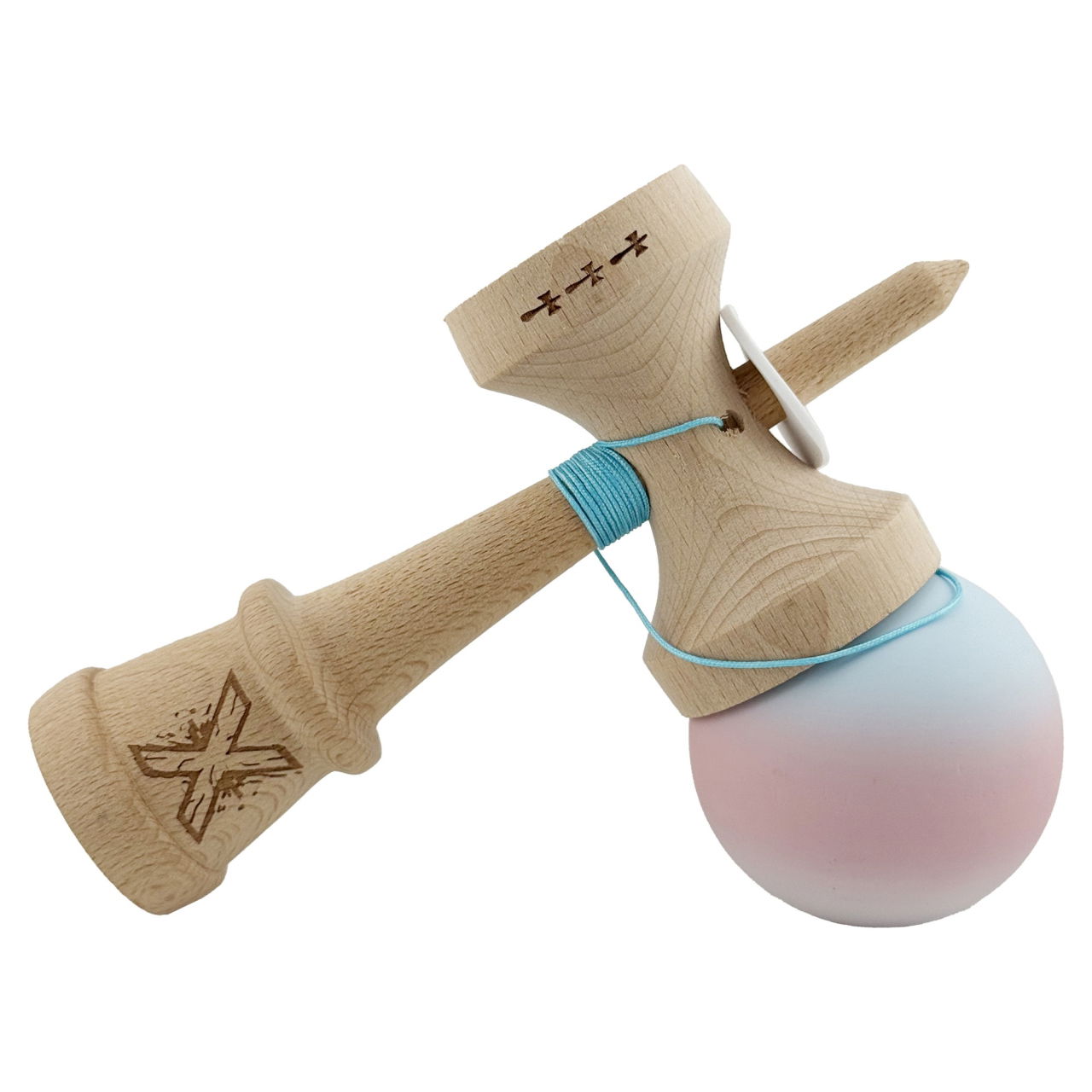Kendama X Originala, Profesionala, Flippy, Cupe Mari KING SIZE V3, Rubber Grip, Gaura in Baza, Rulment Metalic, din lemn 18 cm, Ata 62/65 cm, Gradient Albastru deschis/Roz/Alb [5]