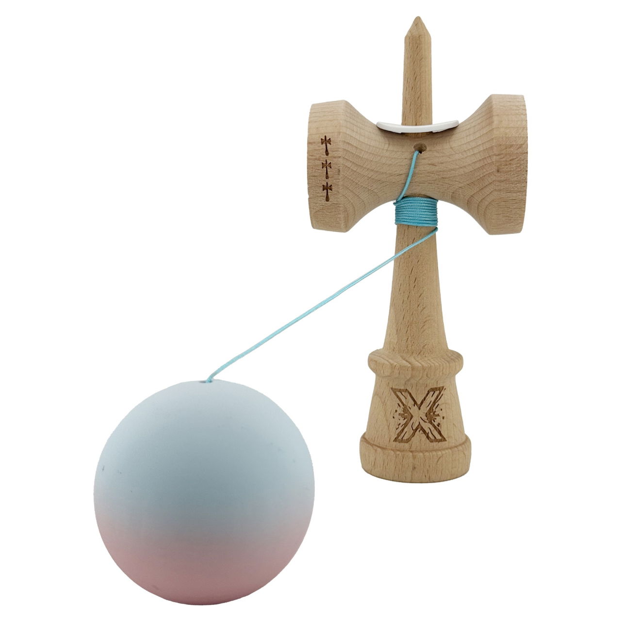 Kendama X Originala, Profesionala, Flippy, Cupe Mari KING SIZE V3, Rubber Grip, Gaura in Baza, Rulment Metalic, din lemn 18 cm, Ata 62/65 cm, Gradient Albastru deschis/Roz [4]