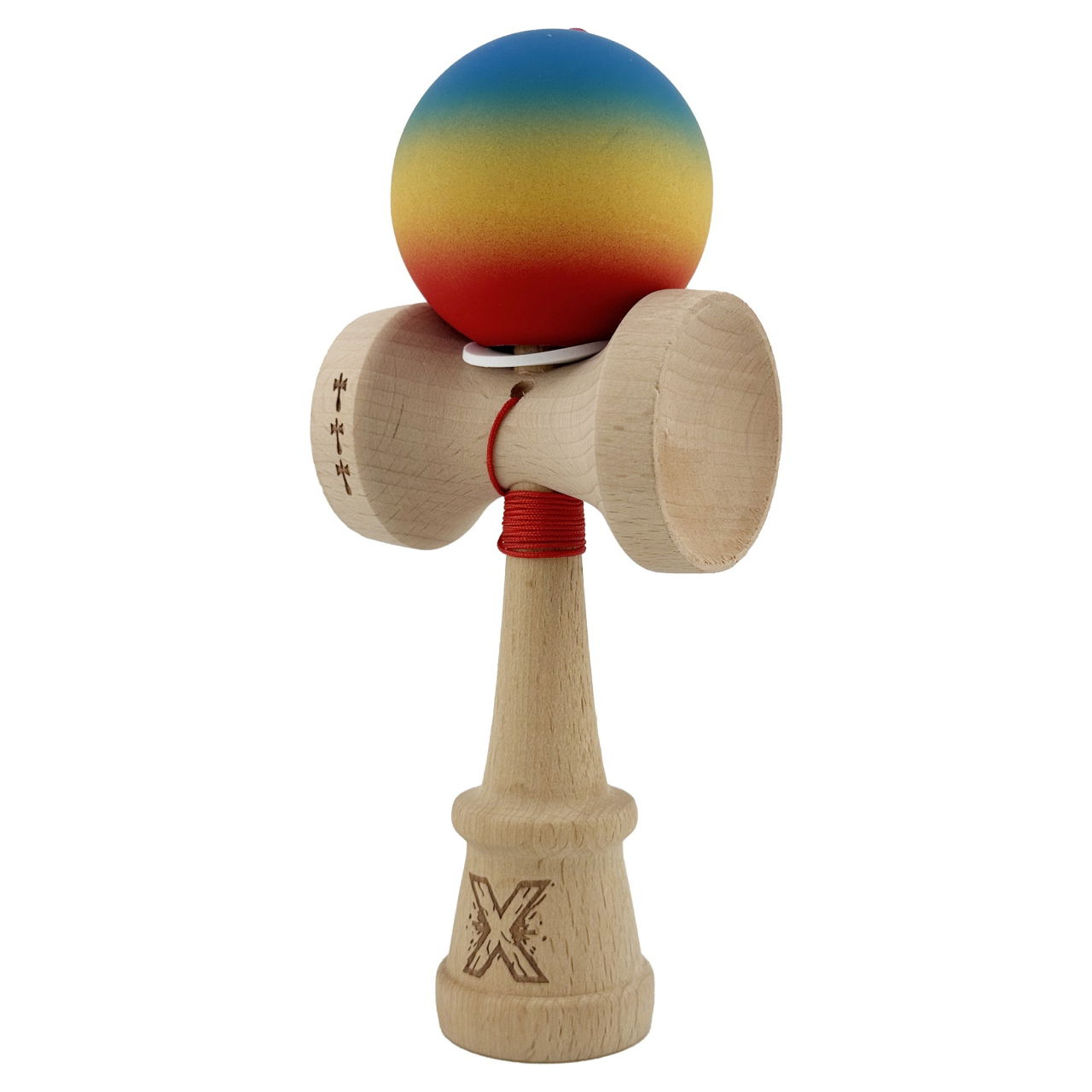 Kendama X Originala, Profesionala, Flippy, Cupe Mari KING SIZE V3, Rubber Grip, Gaura in Baza, Rulment Metalic, din lemn 18 cm, Ata 62/65 cm, Gradient Albastru/Galben/Rosu [3]