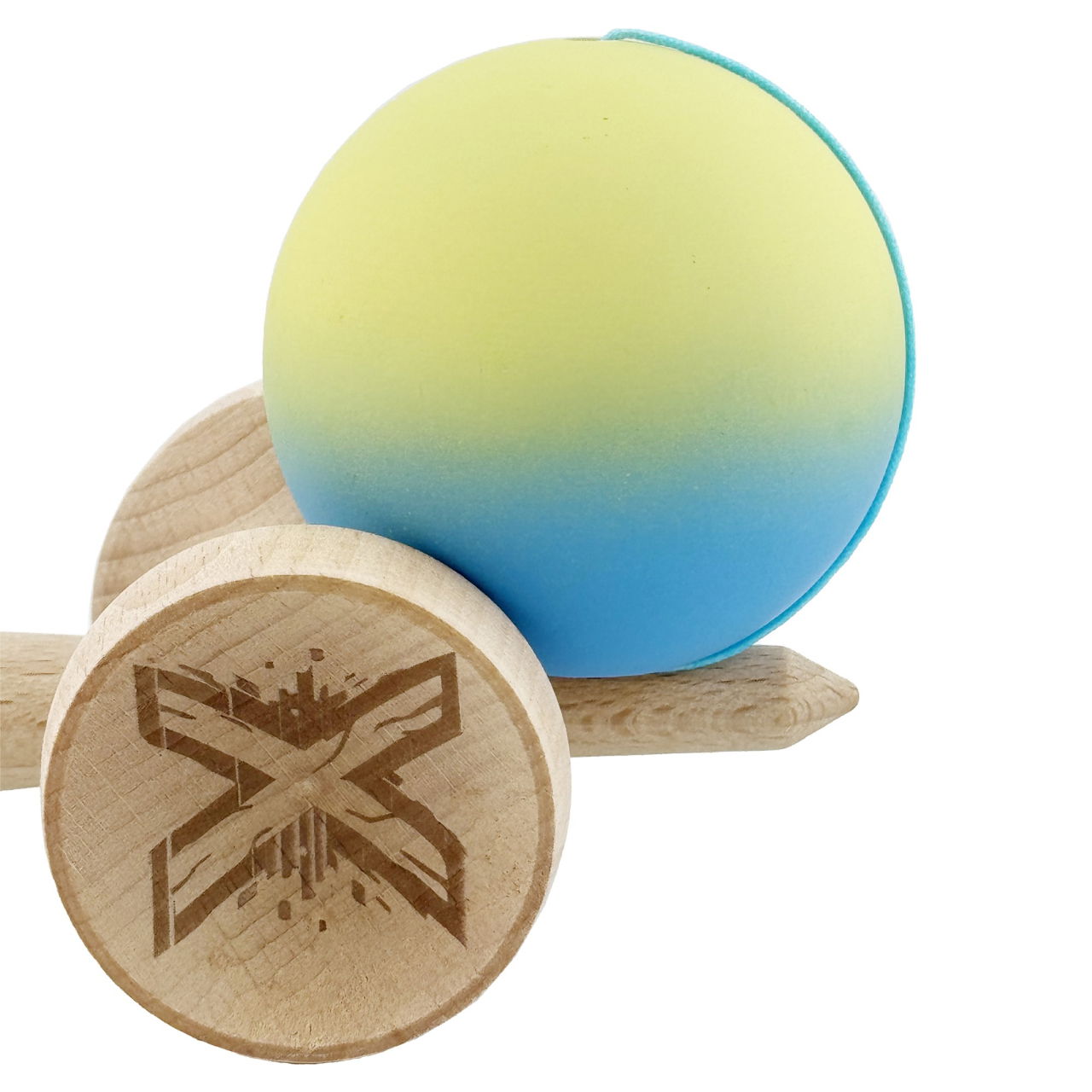 Kendama X Originala, Profesionala, Flippy, Cupe Mari KING SIZE V3, Rubber Grip, Gaura in Baza, Rulment Metalic, din lemn 18 cm, Ata 62/65 cm, Gradient Galben/Albastru deschis [8]