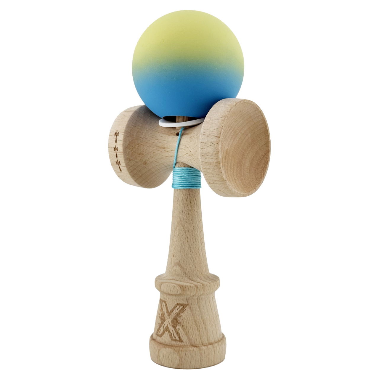 Kendama X Originala, Profesionala, Flippy, Cupe Mari KING SIZE V3, Rubber Grip, Gaura in Baza, Rulment Metalic, din lemn 18 cm, Ata 62/65 cm, Gradient Galben/Albastru deschis [3]