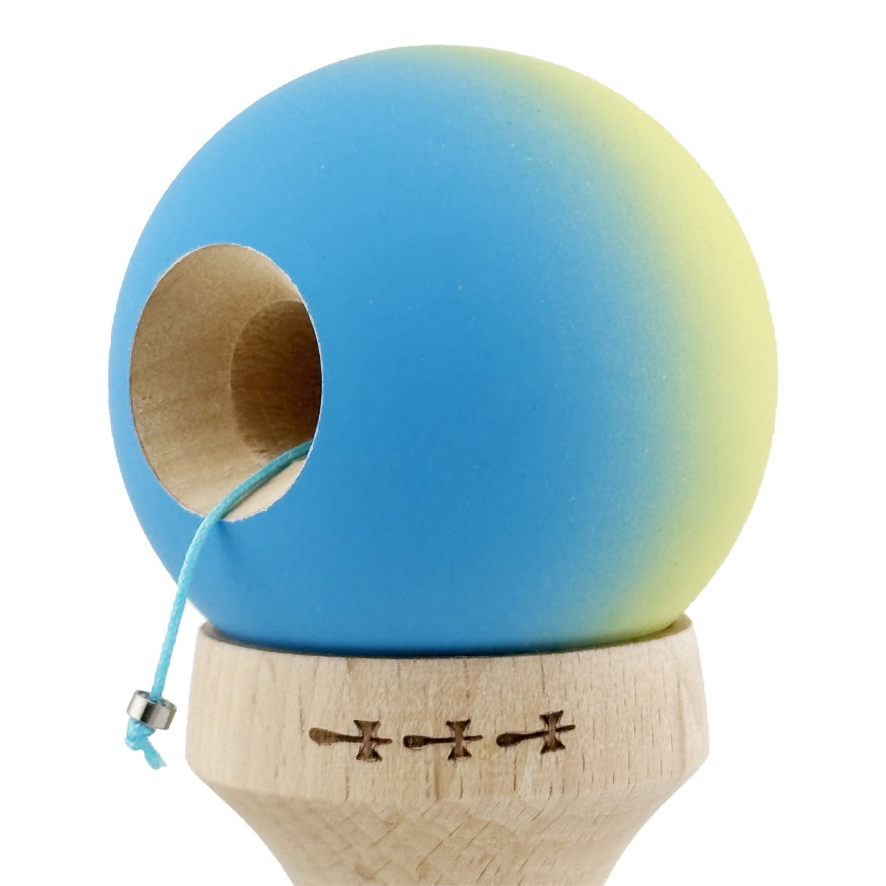 Kendama X Originala, Profesionala, Flippy, Cupe Mari KING SIZE V3, Rubber Grip, Gaura in Baza, Rulment Metalic, din lemn 18 cm, Ata 62/65 cm, Gradient Galben/Albastru deschis [6]