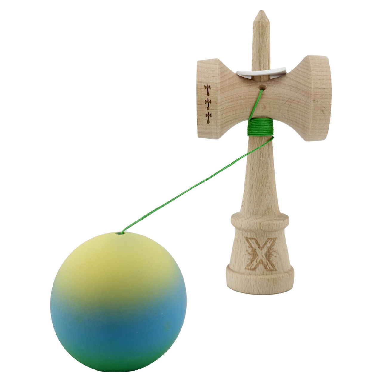 Kendama X Originala, Profesionala, Flippy, Cupe Mari KING SIZE V3, Rubber Grip, Gaura in Baza, Rulment Metalic, din lemn 18 cm, Ata 62/65 cm, Gradient Galben/Albastru/Verde [4]