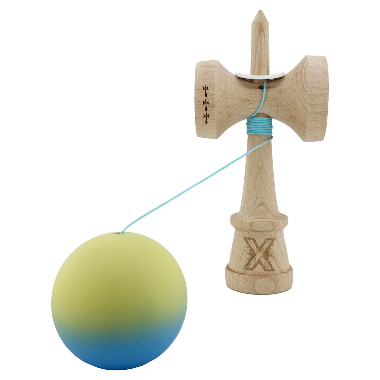 Kendama X Originala, Profesionala, Flippy, Cupe Mari KING SIZE V3, Rubber Grip, Gaura in Baza, Rulment Metalic, din lemn 18 cm, Ata 62/65 cm, Gradient Galben/Albastru deschis [4]