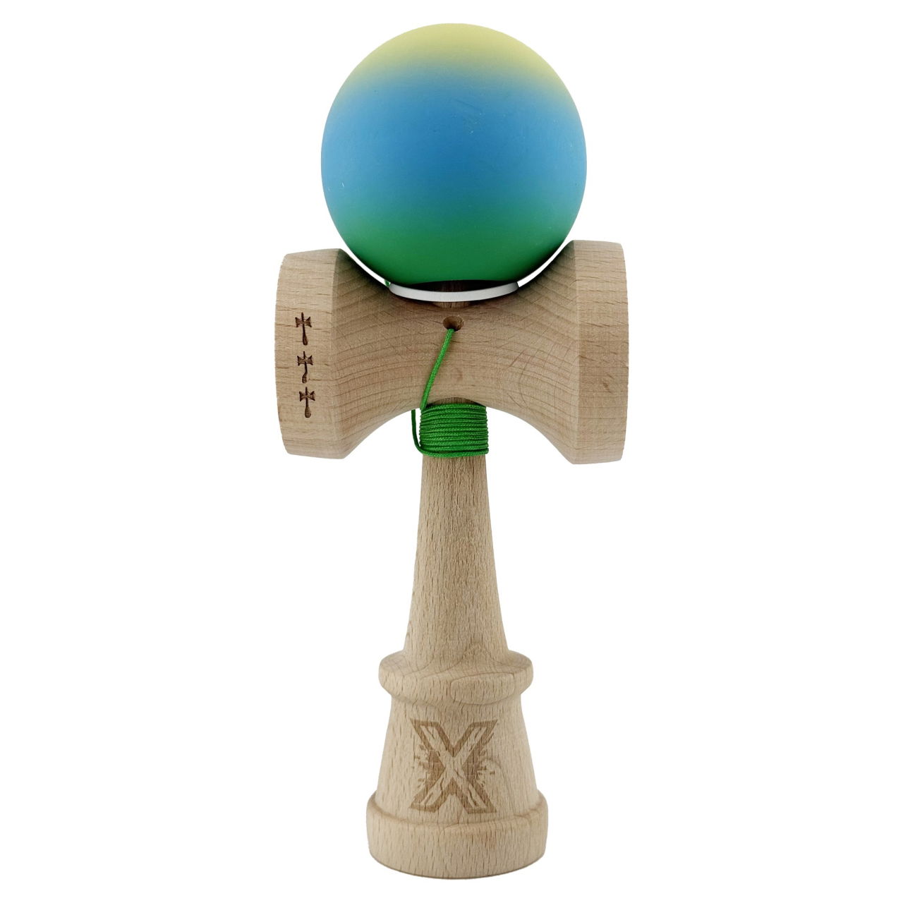 Kendama X Originala, Profesionala, Flippy, Cupe Mari KING SIZE V3, Rubber Grip, Gaura in Baza, Rulment Metalic, din lemn 18 cm, Ata 62/65 cm, Gradient Galben/Albastru/Verde [2]