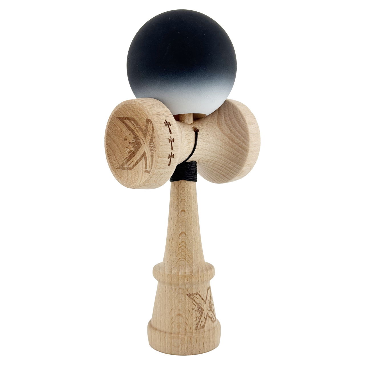 Kendama X Originala, Profesionala, Flippy, Cupe Mari KING SIZE V3, Rubber Grip, Gaura in Baza, Rulment Metalic, din lemn 18 cm, Ata 62/65 cm, Gradient Negru/Alb [1]