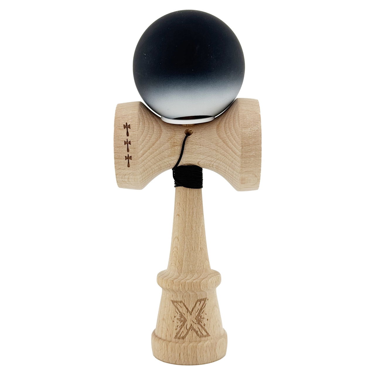 Kendama X Originala, Profesionala, Flippy, Cupe Mari KING SIZE V3, Rubber Grip, Gaura in Baza, Rulment Metalic, din lemn 18 cm, Ata 62/65 cm, Gradient Negru/Alb [2]